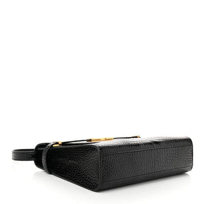 Saint Laurent Shiny Calfskin Crocodile Embossed Manhattan Baguette Black 4 of 9