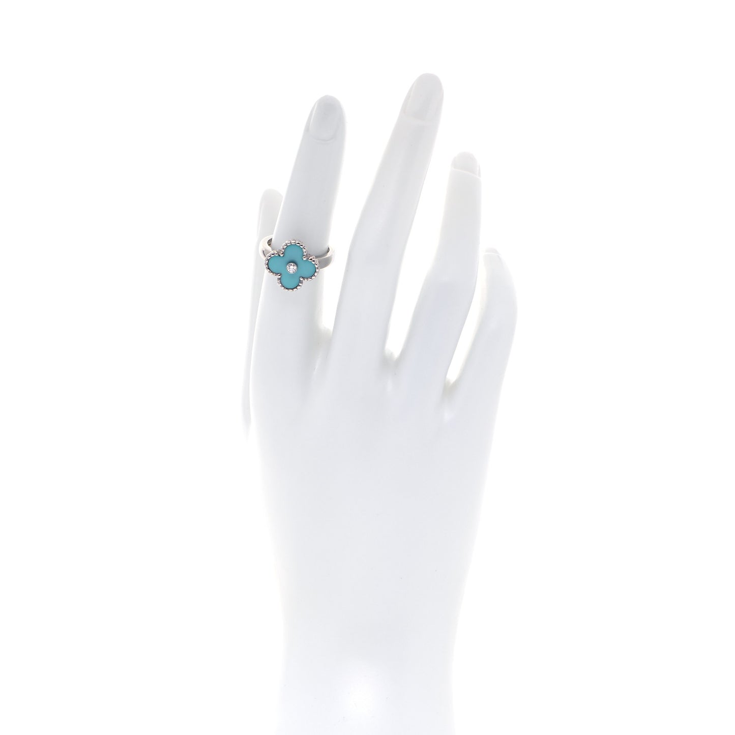 18K White Gold Diamond Turquoise Vintage Alhambra Ring 52 6