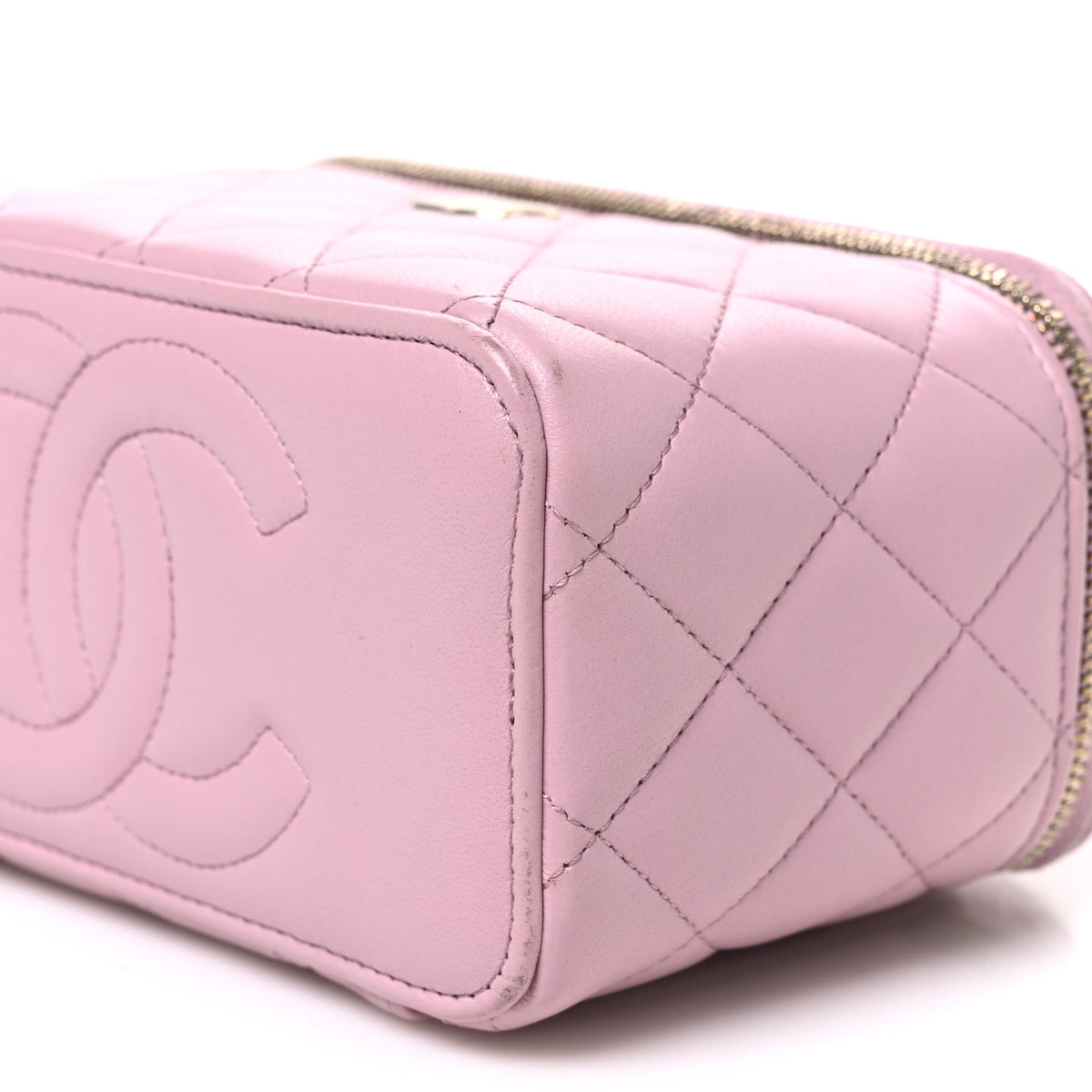 Lambskin Quilted Small Top Handle Vanity Case With Chain Light Pink