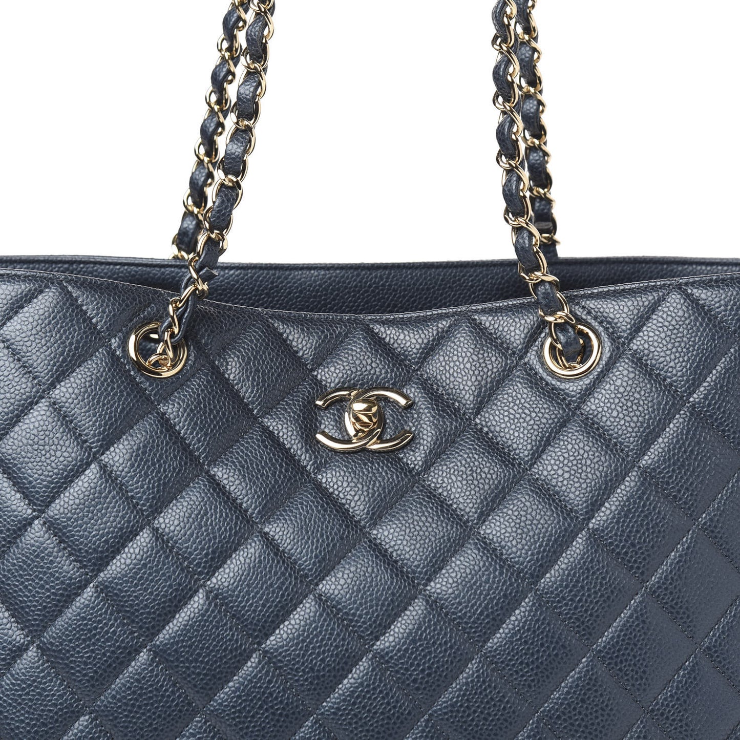 Metallic Caviar Quilted Large Classic Shopping Tote Dark Blue
