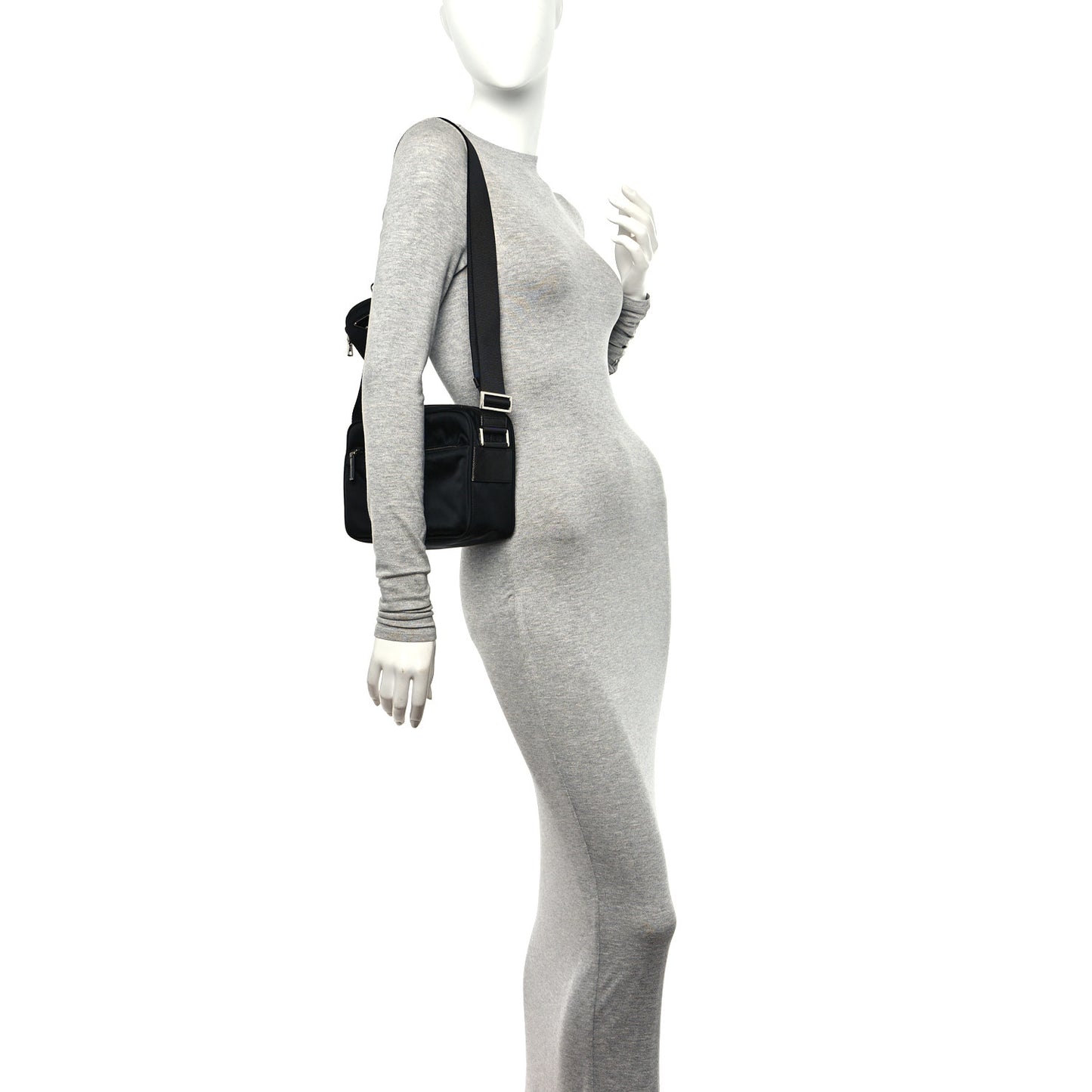 Re-Nylon Vela Saffiano Pocket Double Zip Shoulder Bag Black