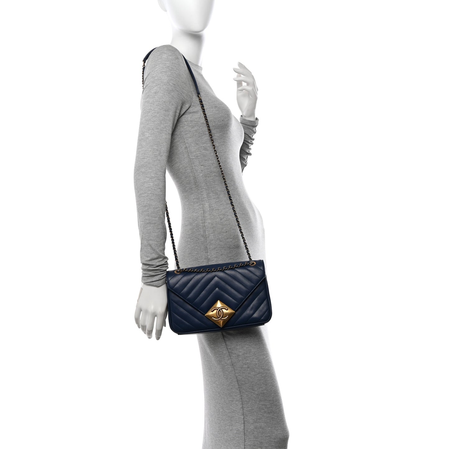 Lambskin Chevron Quilted Small Pyramid CC Flap Navy