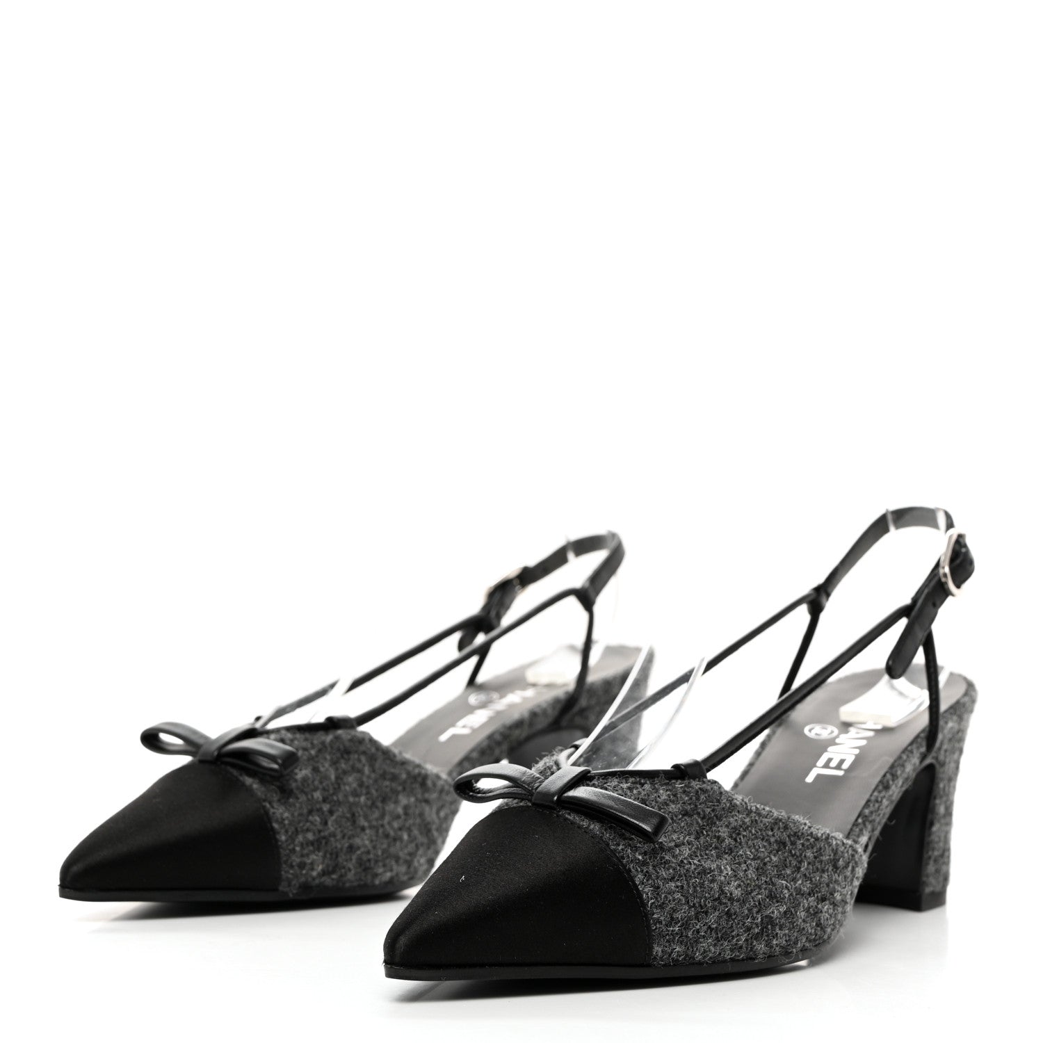 Chanel Tweed Satin Slingback Cap Toe Bow Pumps 38.5 Grey Black 3 of 10