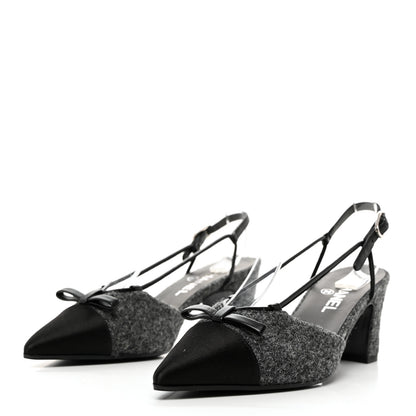 Chanel Tweed Satin Slingback Cap Toe Bow Pumps 38.5 Grey Black 3 of 10