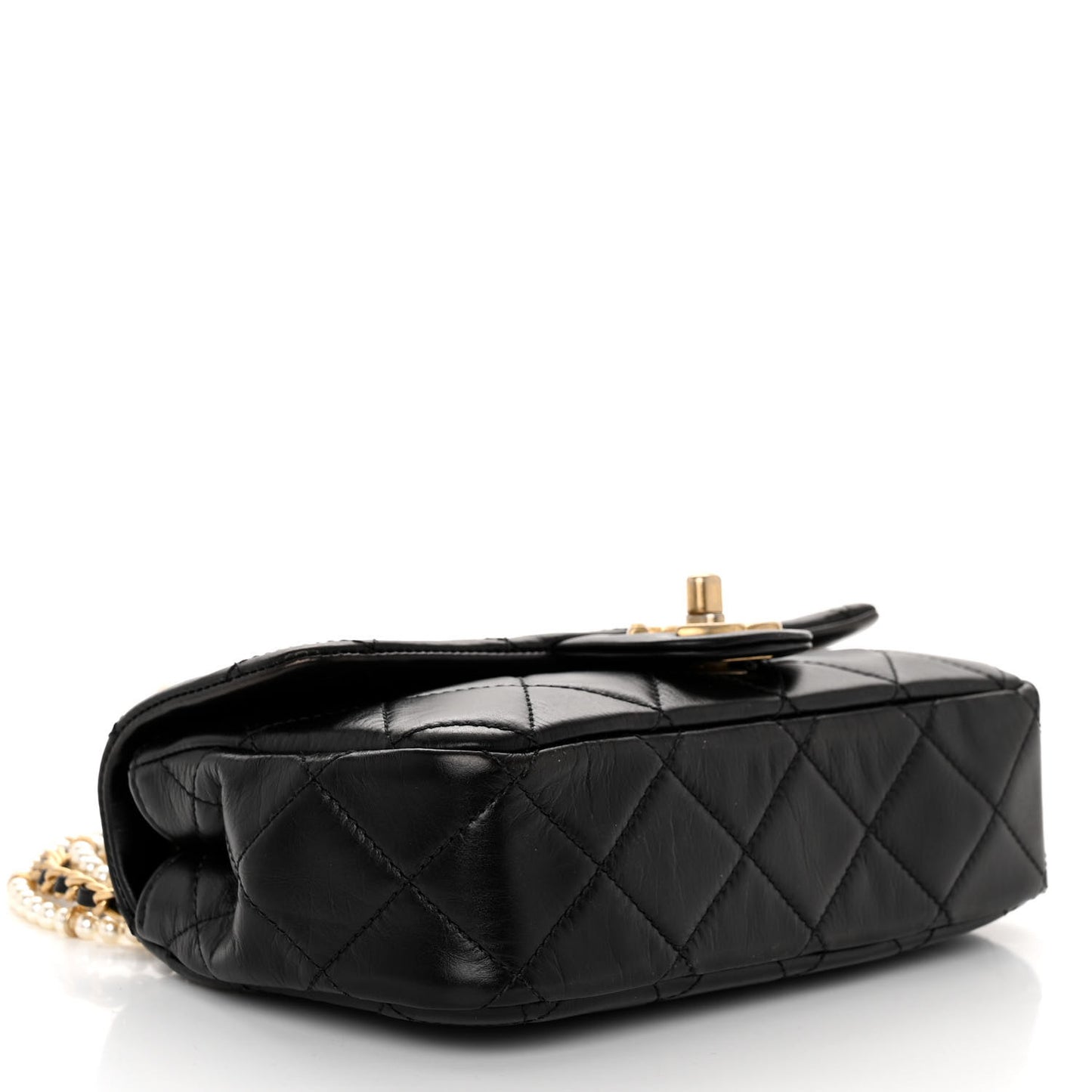 Calfskin Quilted Mini Rectangular Crystal Pearls Chain Flap Black