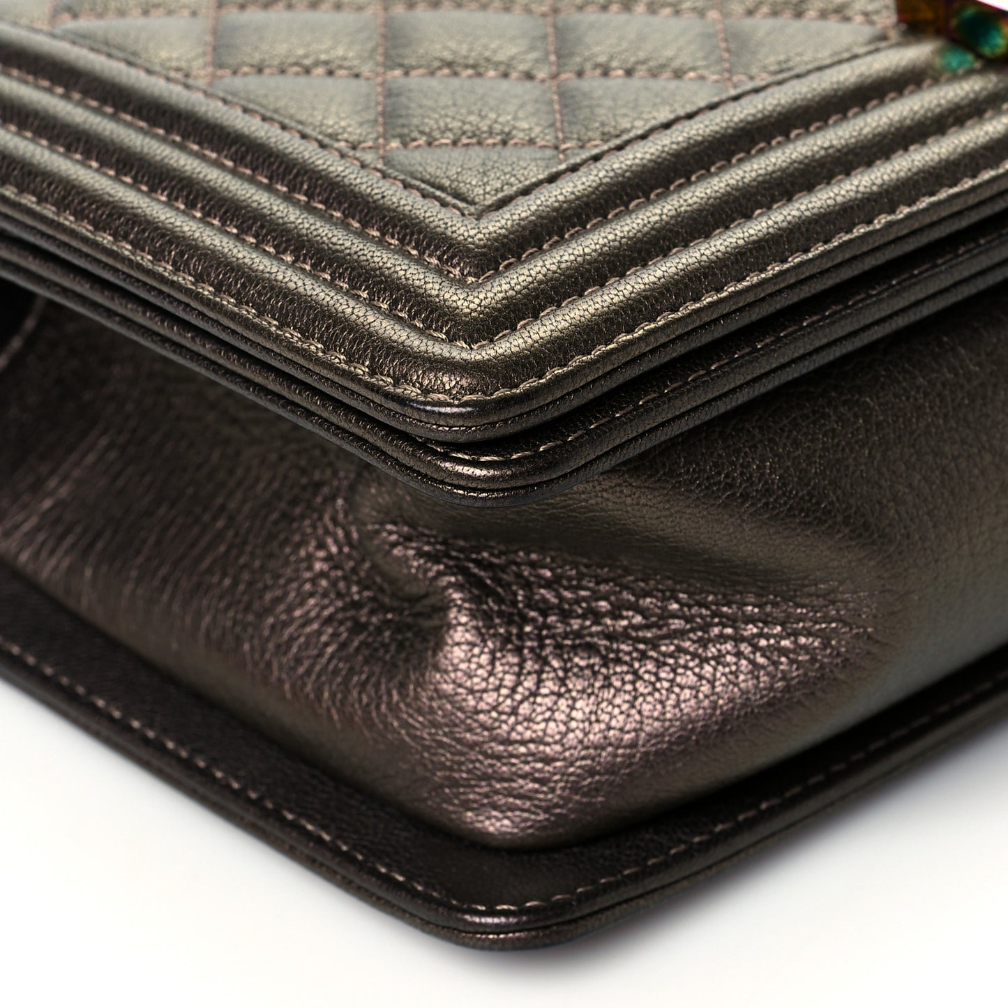 Iridescent Goatskin Quilted Medium Boy Flap Dark Gold
