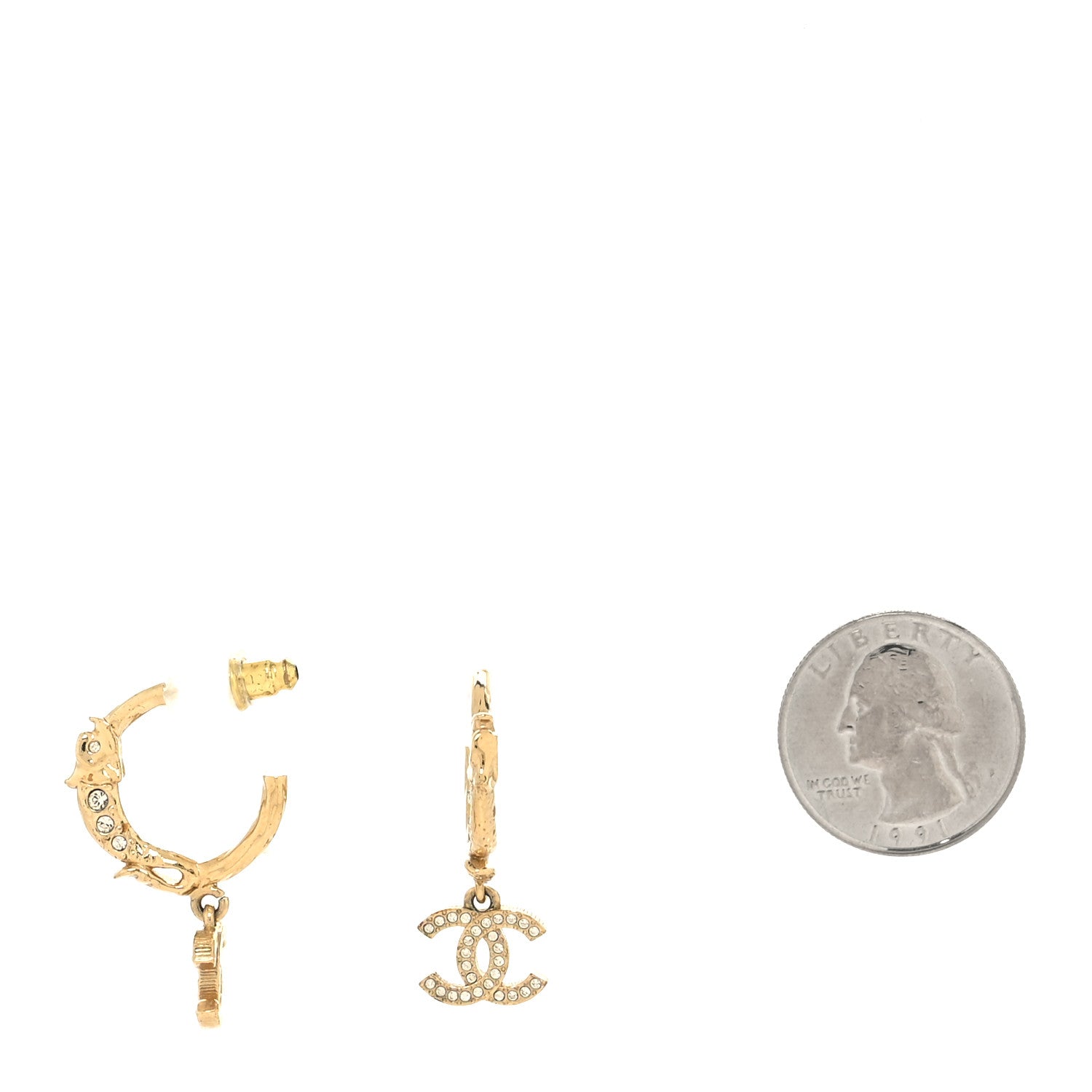 Chanel Metal Crystal Studded CC Hoop Drop Earrings Gold 2 of 4