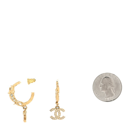 Chanel Metal Crystal Studded CC Hoop Drop Earrings Gold 2 of 4