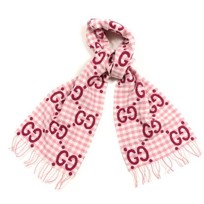 Gucci Wool Polyamide Jacquard GG Monogram Diamcheck Logo Scarf Roseatte Ivory 1 of 4