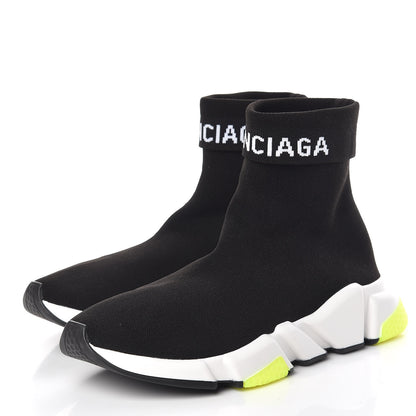 Balenciaga Neoprene Knit Womens Speed Cuffed Sneakers 39 Black White Yellow Fluo 3 of 9
