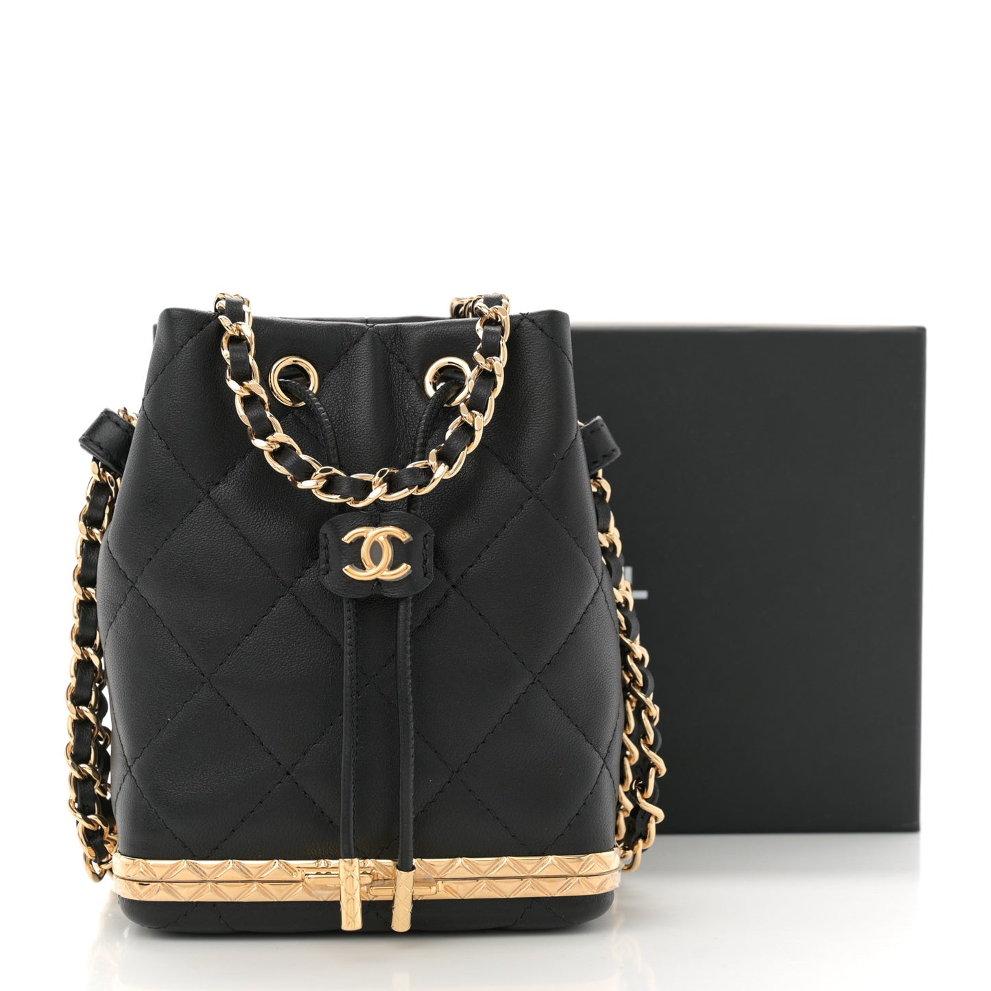 Metal Lambskin Quilted Small Chain Bucket Bag Black