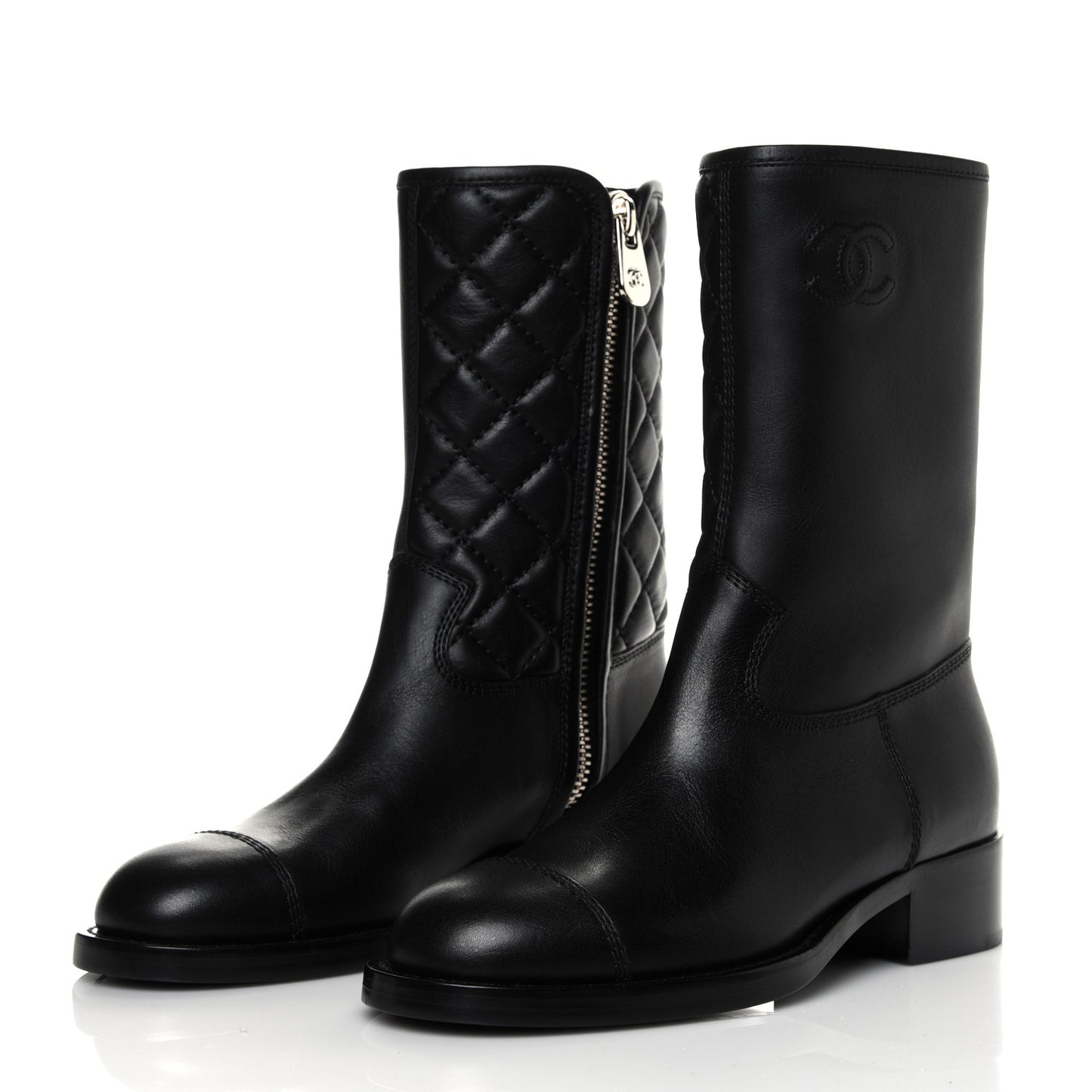 Calfskin Quilted CC Logo Mid Calf Boots 36.5 Black