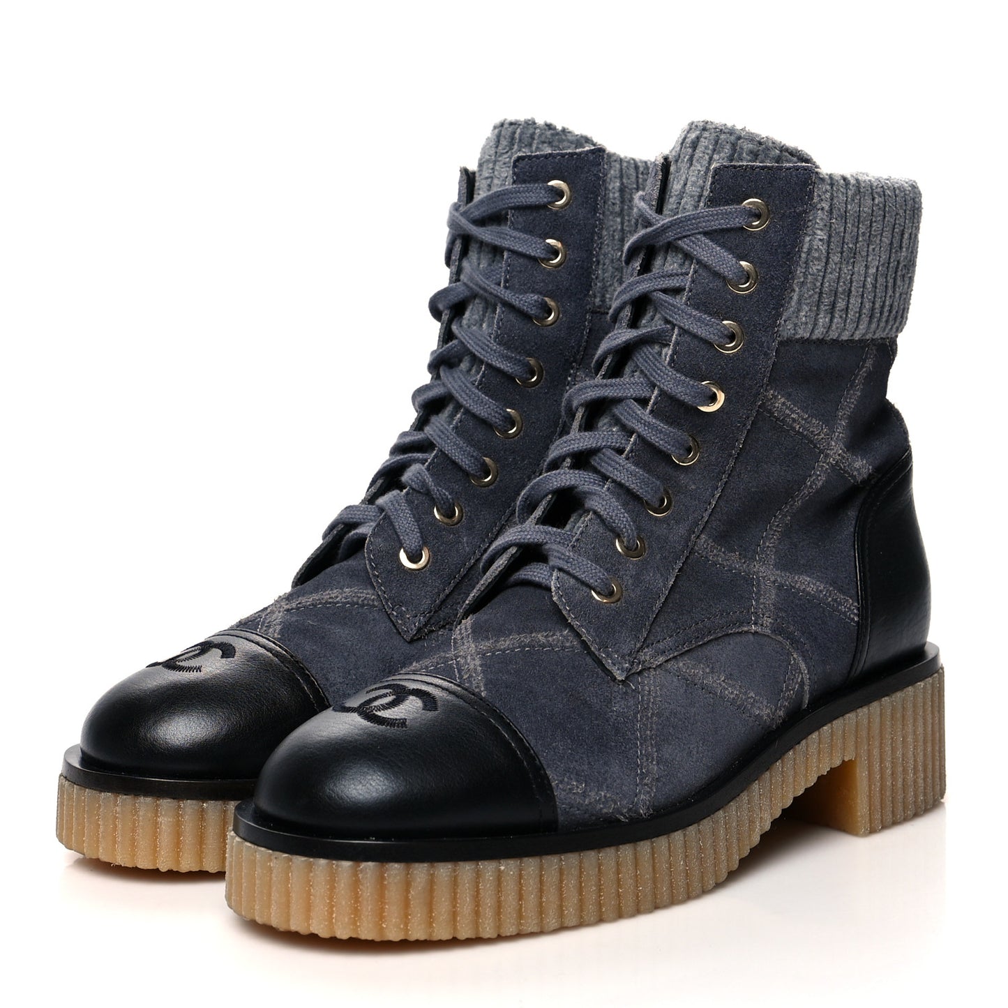 Suede Calfskin Velvet Quilted CC Combat Boots 36.5 Dark Grey