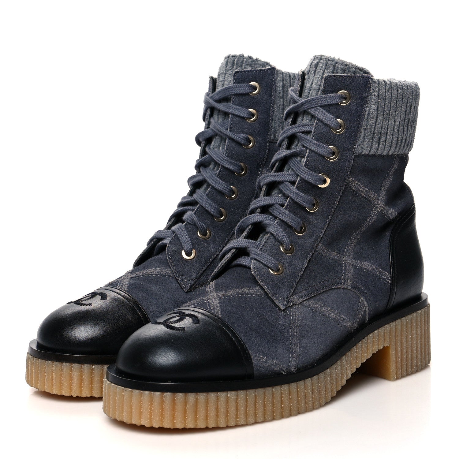 Chanel Suede Calfskin Velvet Quilted CC Combat Boots 36.5 Dark Grey 3 of 8