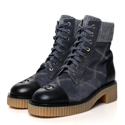 Chanel Suede Calfskin Velvet Quilted CC Combat Boots 36.5 Dark Grey 3 of 8