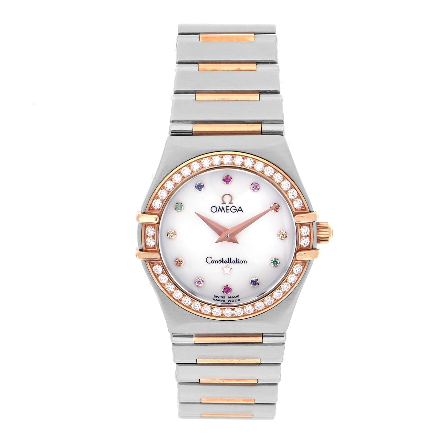 Omega Stainless Steel 18K Yellow Gold Diamond Bezel Mother of Pearl 25mm Constellation Iris Rainbow Multi-Stone Quartz Watch 1358.79.00 1 of 5