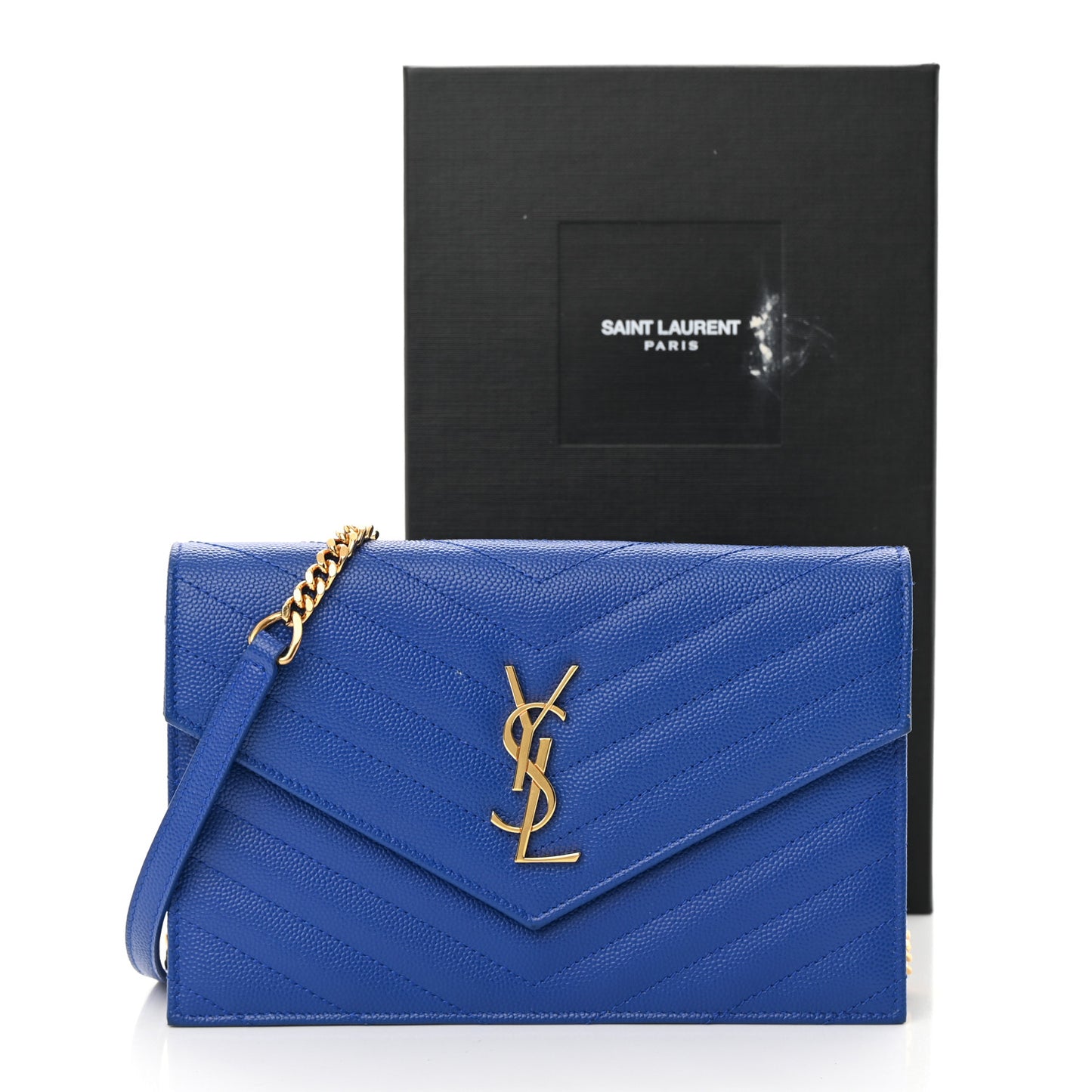 Grain De Poudre Matelasse Chevron Monogram Envelope Chain Wallet Blue Majorelle