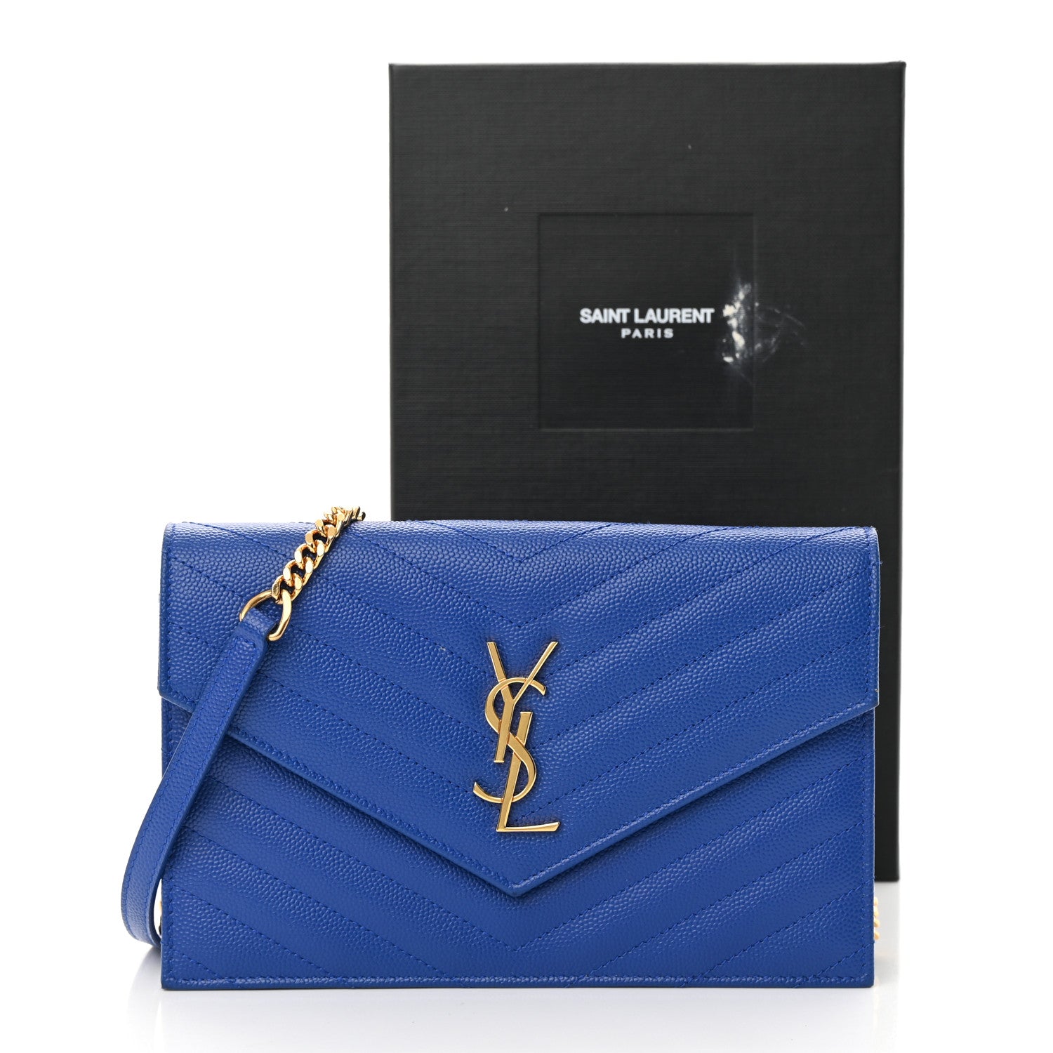 Saint Laurent Grain De Poudre Matelasse Chevron Monogram Envelope Chain Wallet Blue Majorelle 13 of 13