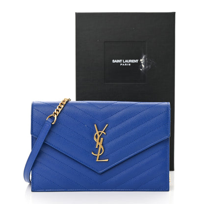 Saint Laurent Grain De Poudre Matelasse Chevron Monogram Envelope Chain Wallet Blue Majorelle 13 of 13