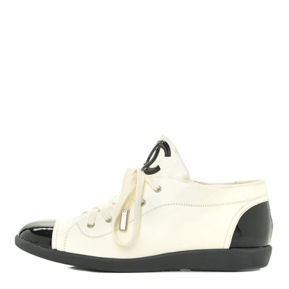 Chanel Lambskin Patent Cap Toe CC Sneakers 39 White Black 1 of 19