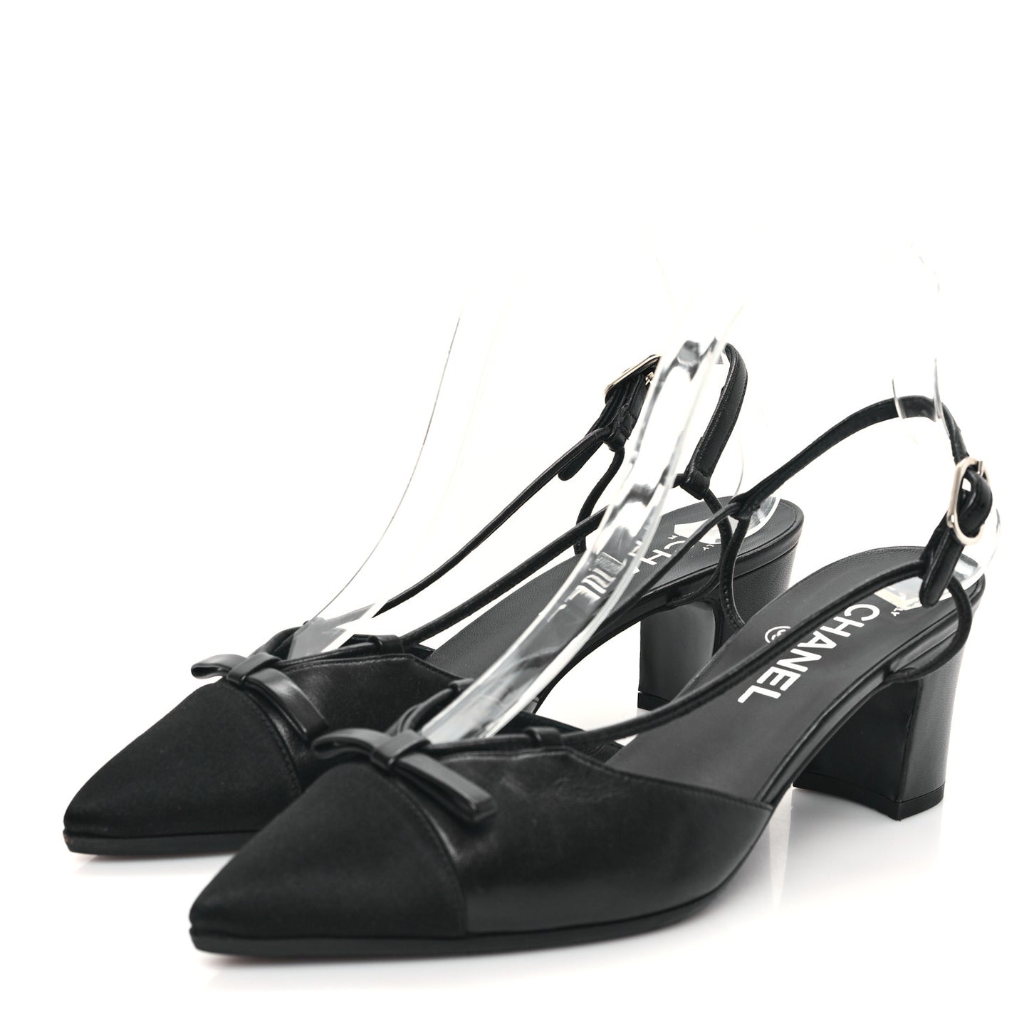 Lambskin Satin Slingback Cap Toe Bow Pumps 38.5 Black