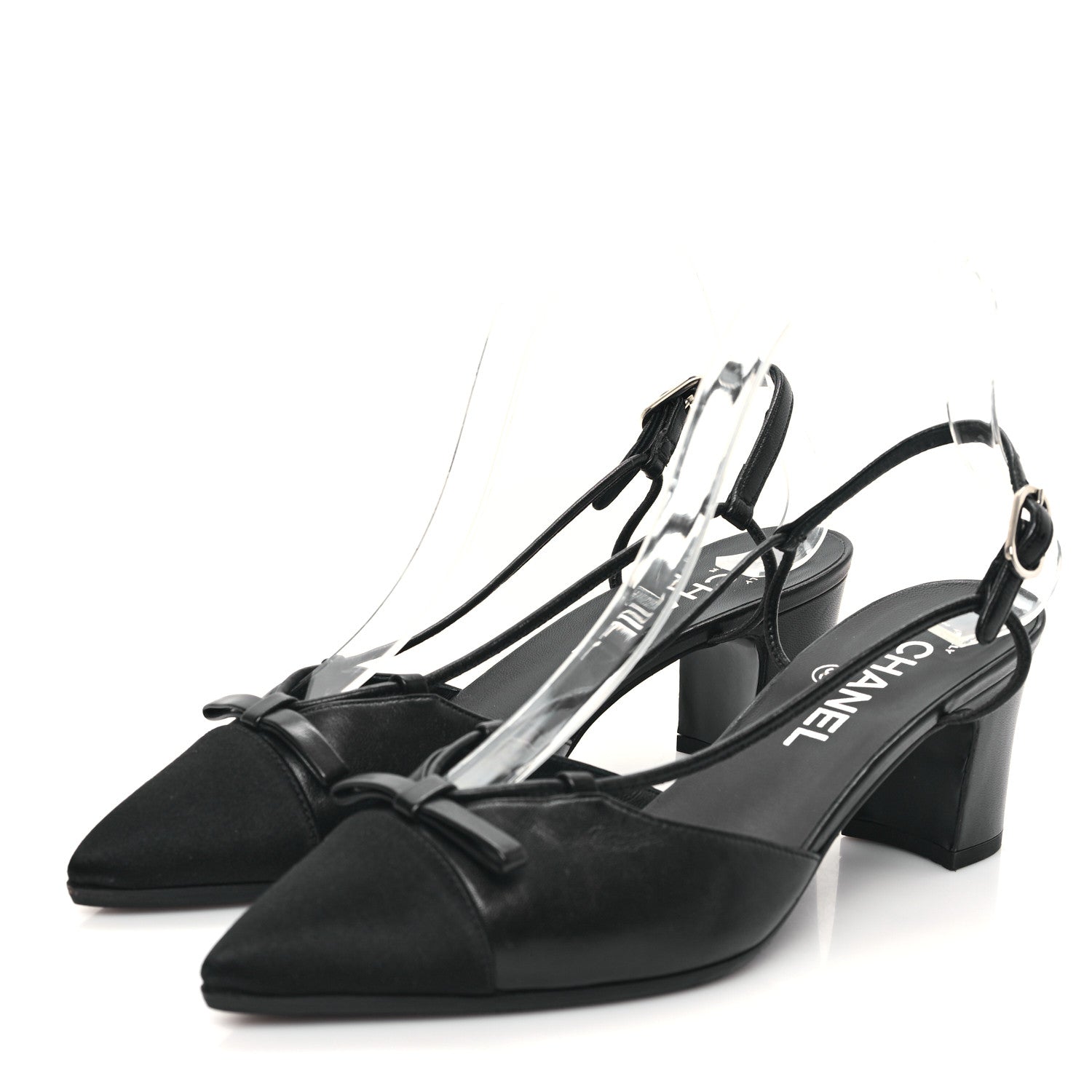 Chanel Lambskin Satin Slingback Cap Toe Bow Pumps 38.5 Black 3 of 9