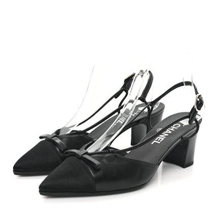 Chanel Lambskin Satin Slingback Cap Toe Bow Pumps 38.5 Black 3 of 9