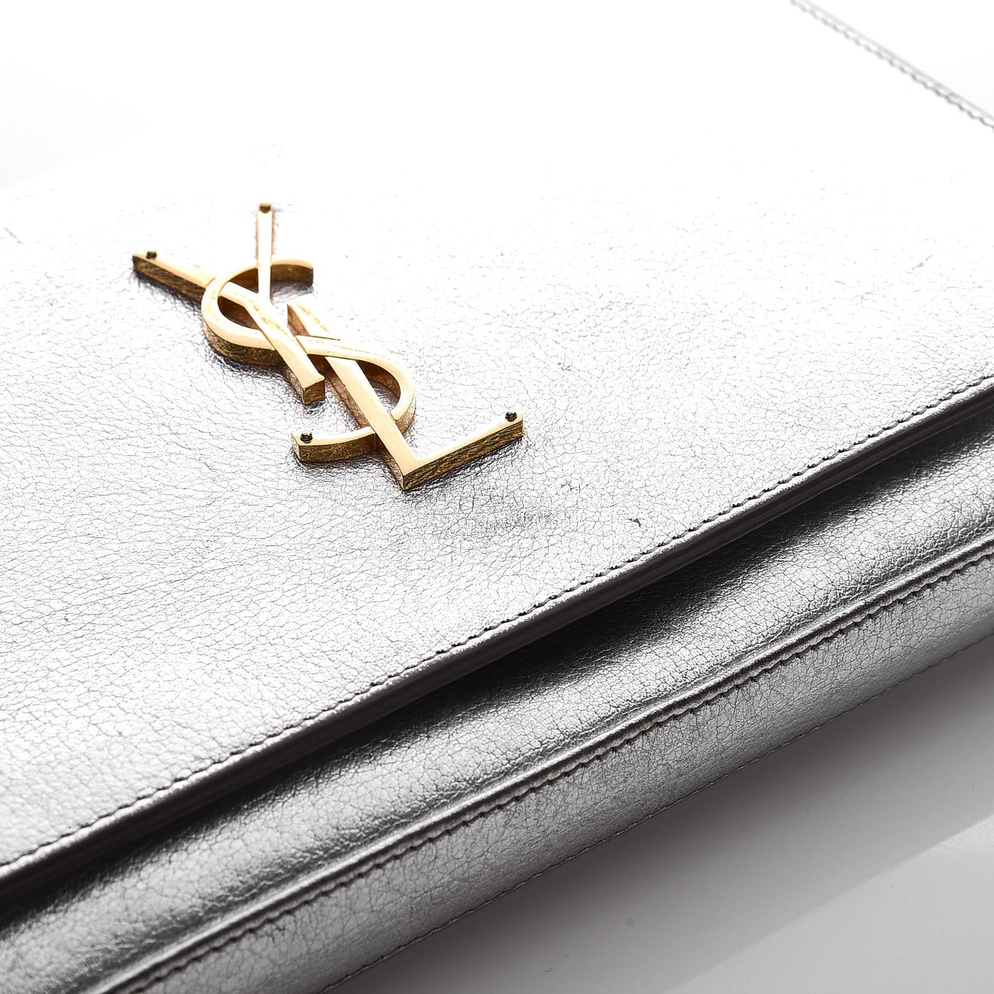 Grained Metallic Calfskin Monogram Chain Wallet Argento