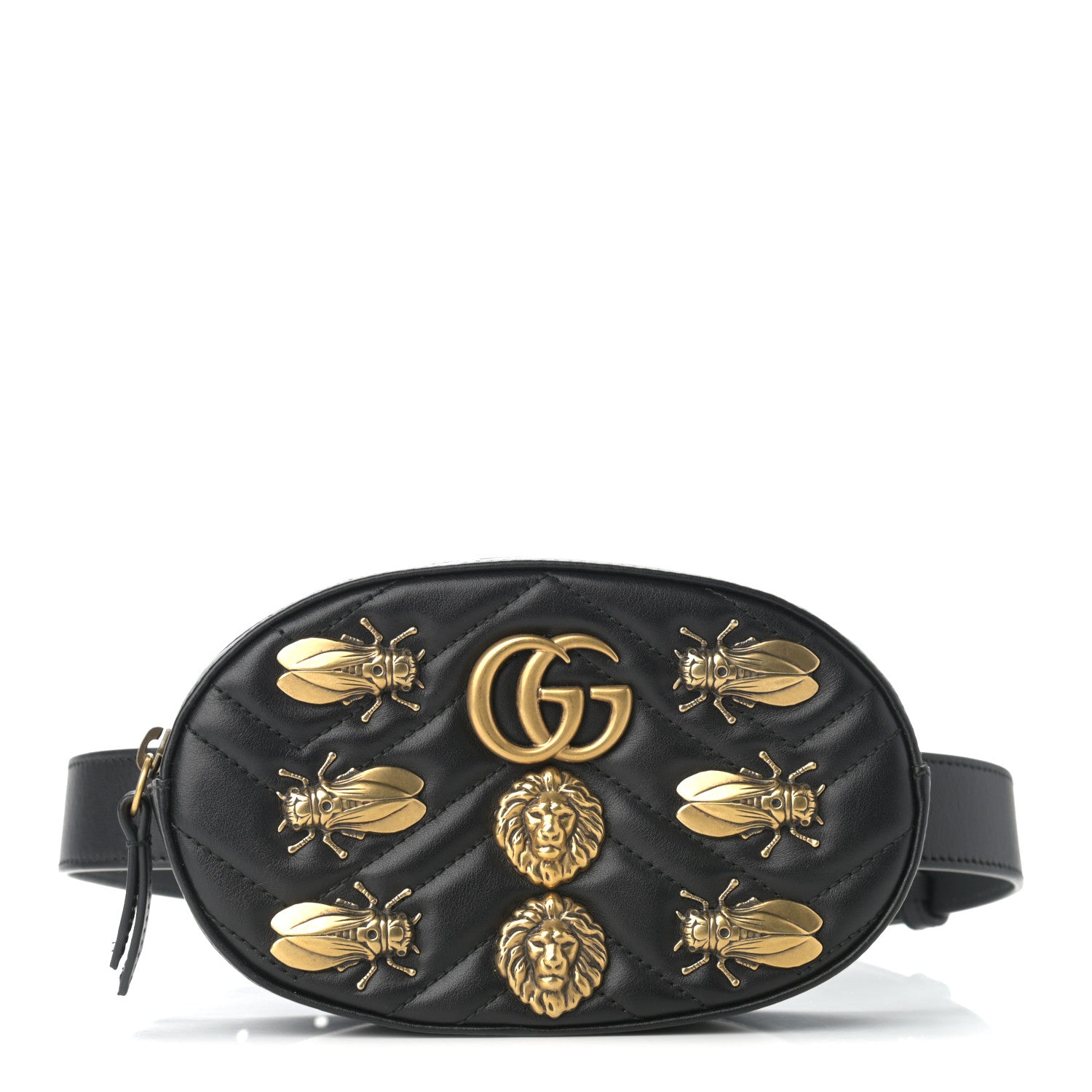 Gucci Calfskin Matelasse Animal Studs GG Marmont Belt Bag 65 26 Black 1 of 10