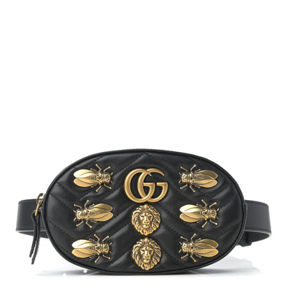 Gucci Calfskin Matelasse Animal Studs GG Marmont Belt Bag 65 26 Black 1 of 10