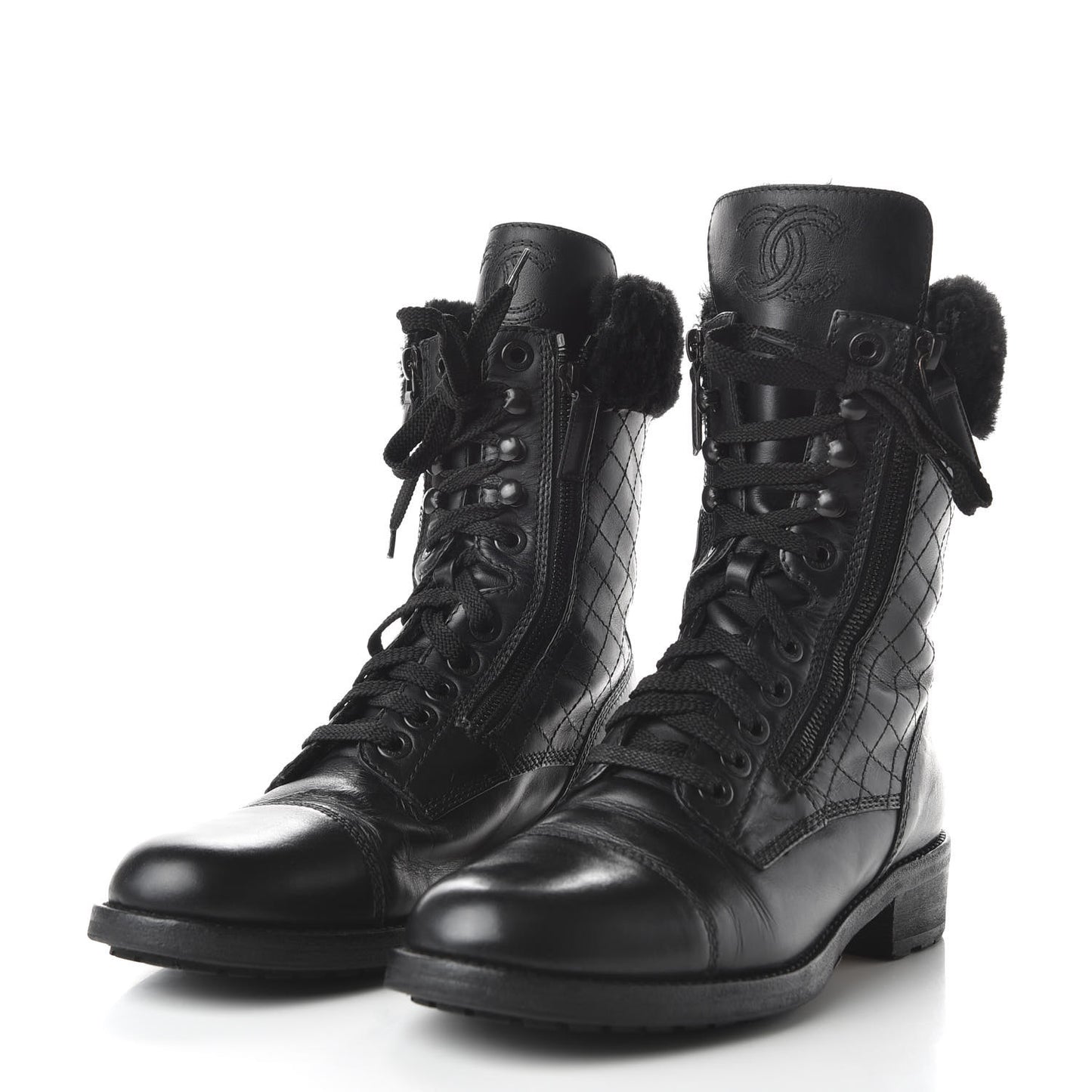 Calfskin Shearling Quilted Cap Toe Combat Boots 39.5 Black