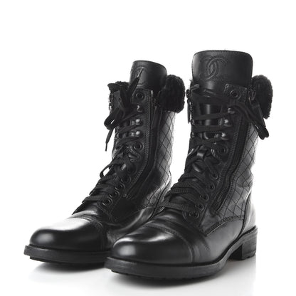 Chanel Calfskin Shearling Quilted Cap Toe Combat Boots 39.5 Black 3 of 8