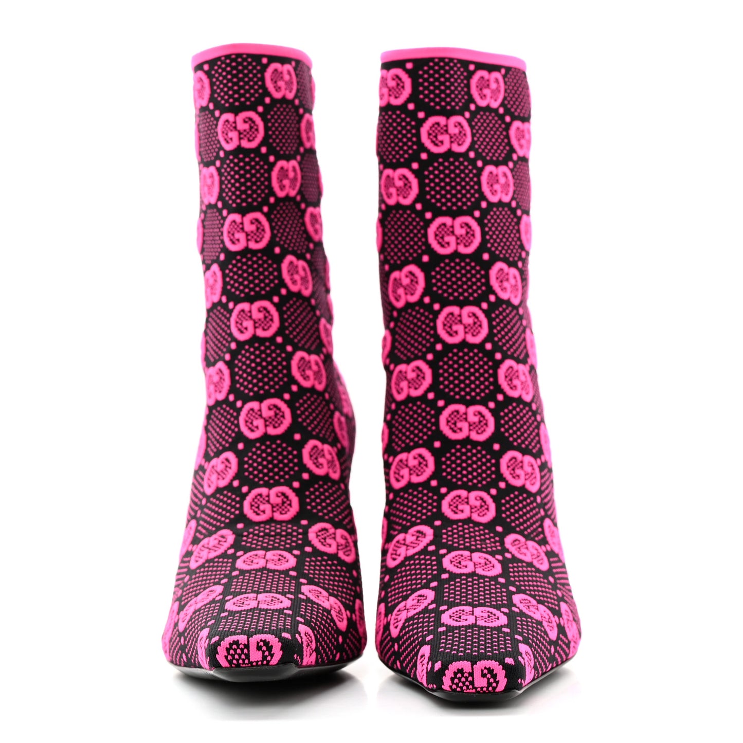 Technical Jersey Knit GG Monogram Square G 75mm Ankle Boots 38.5 Black Neon Fucsia