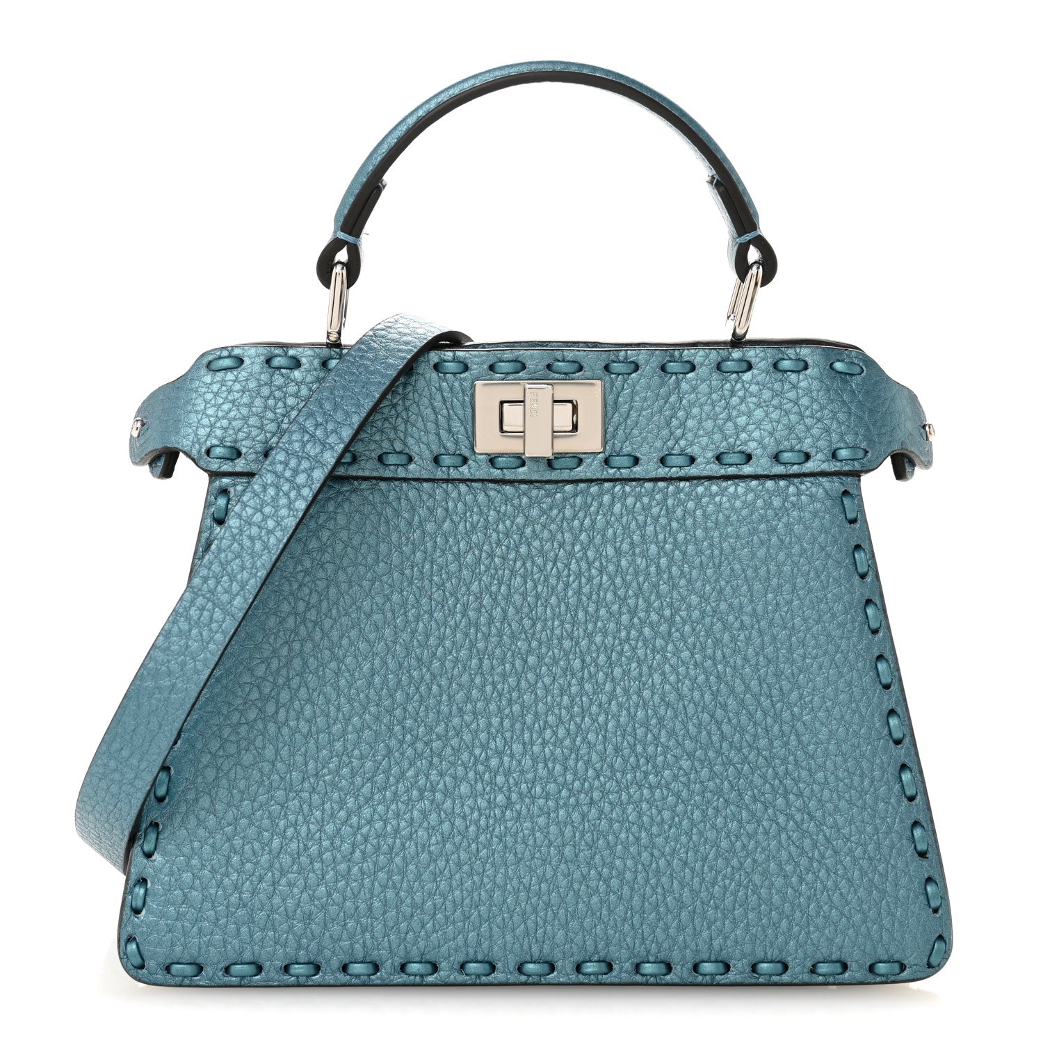 Fendi Metallic Cuoio Roma Sellerissima Nappa Sintetica Tape Stitch Petite Peekaboo I SEE U Iconic Satchel Placca Argento 1 of 11