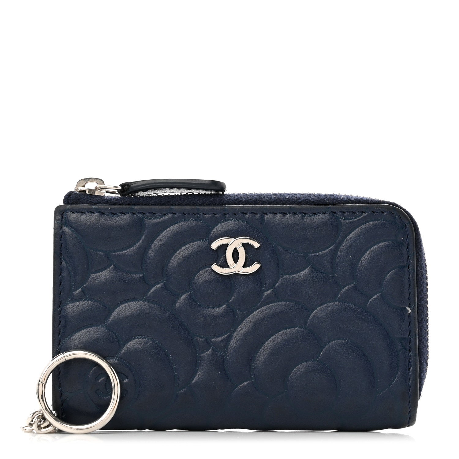 Chanel Lambskin Camellia Embossed Key Holder Case Navy 1 of 8