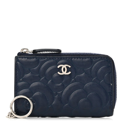 Chanel Lambskin Camellia Embossed Key Holder Case Navy 1 of 8
