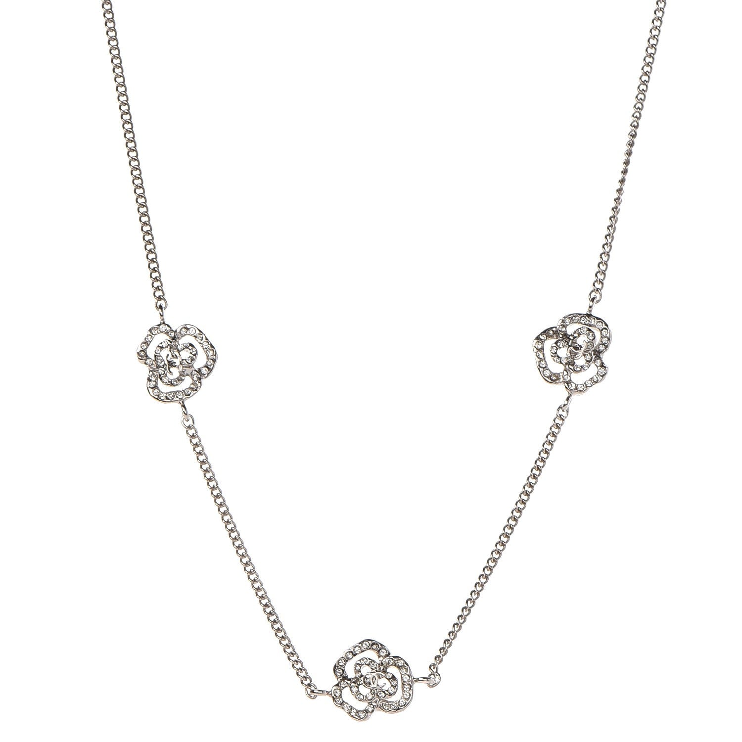 Chanel Swarovski Crystal Station Camellia CC Necklace Silver 1 of 6