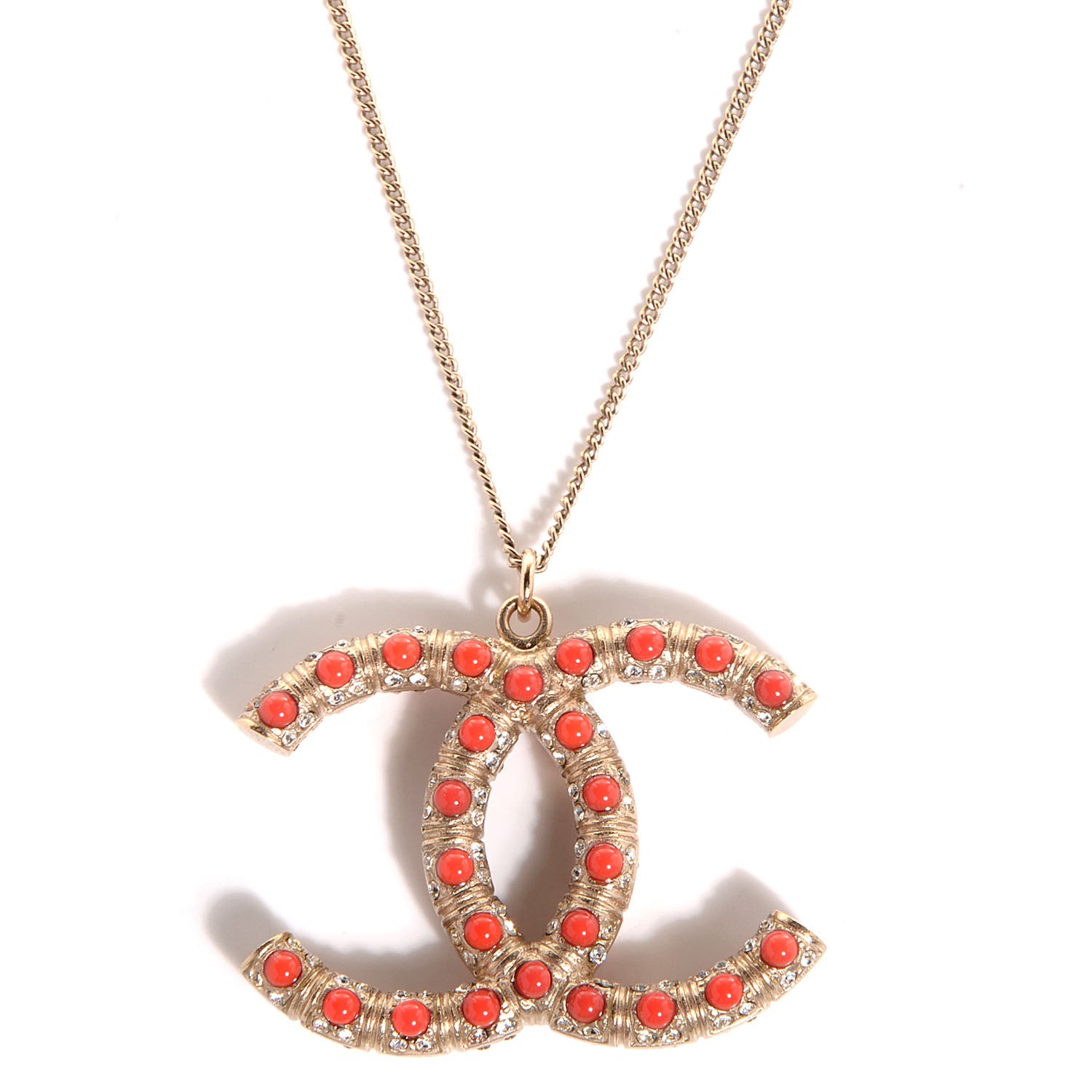 Chanel Beaded Large CC Pendant Necklace Orange Gold 1 of 4