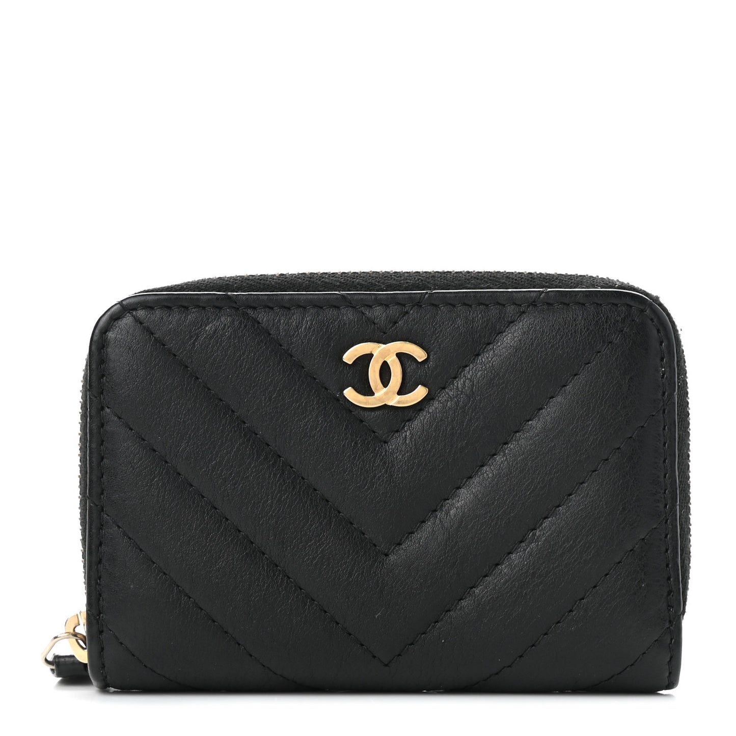 Calfskin Chevron Quilted Zip Around Coin Purse Black
