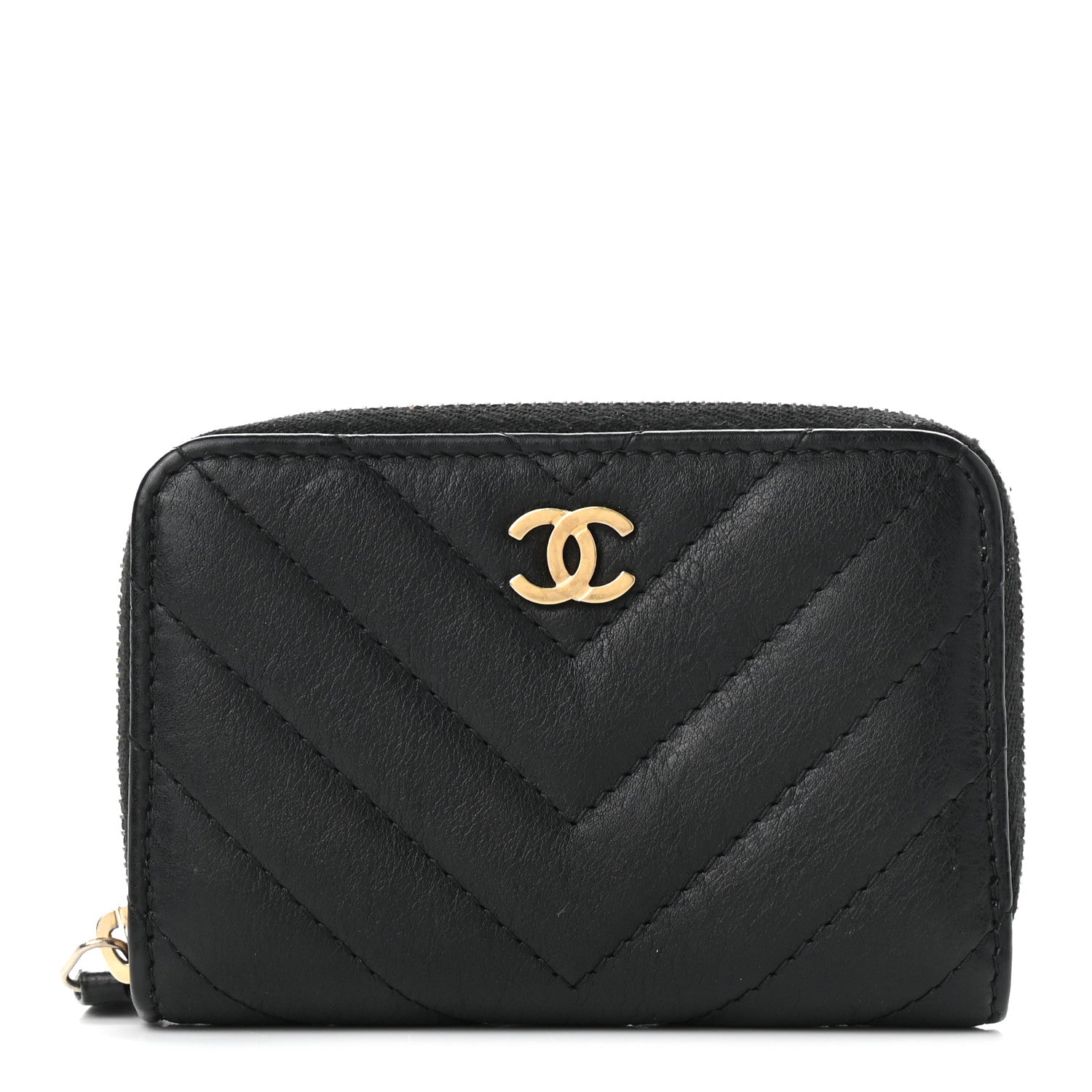 Chanel Calfskin Chevron Quilted Zip Around Coin Purse Black 1 of 8