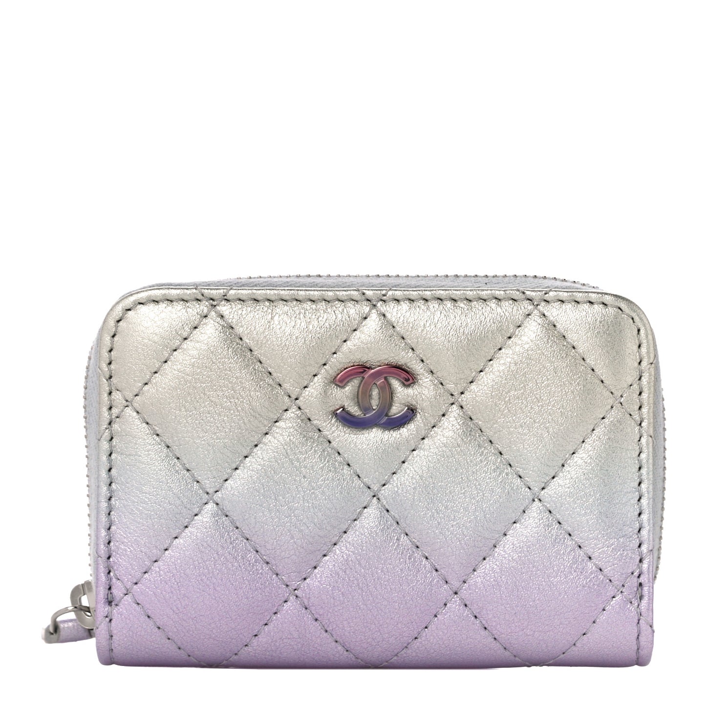 Gradient Metallic Calfskin Quilted Zip Around Coin Purse Wallet Silver Blue Yellow Purple