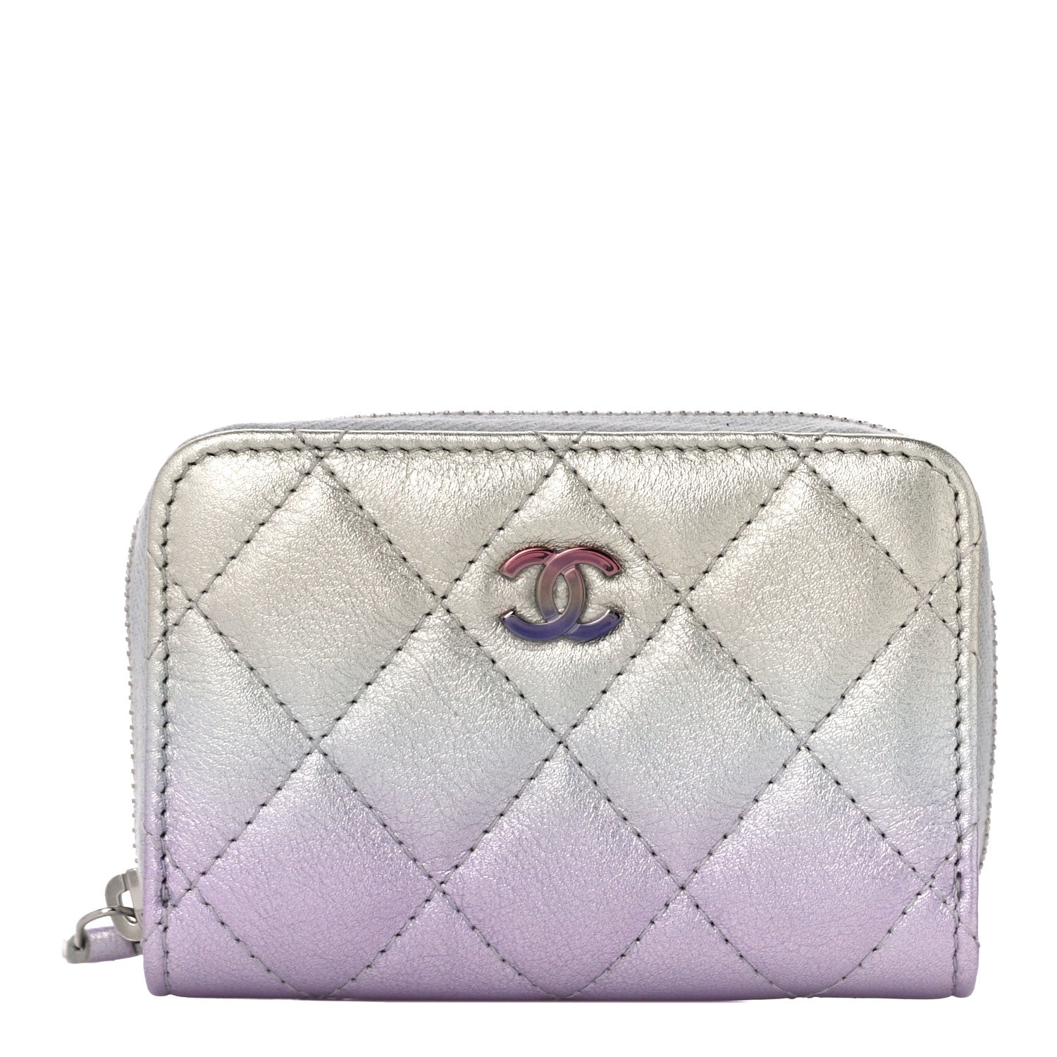 Chanel Gradient Metallic Calfskin Quilted Zip Around Coin Purse Wallet Silver Blue Yellow Purple 1 of 11