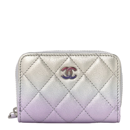 Chanel Gradient Metallic Calfskin Quilted Zip Around Coin Purse Wallet Silver Blue Yellow Purple 1 of 11