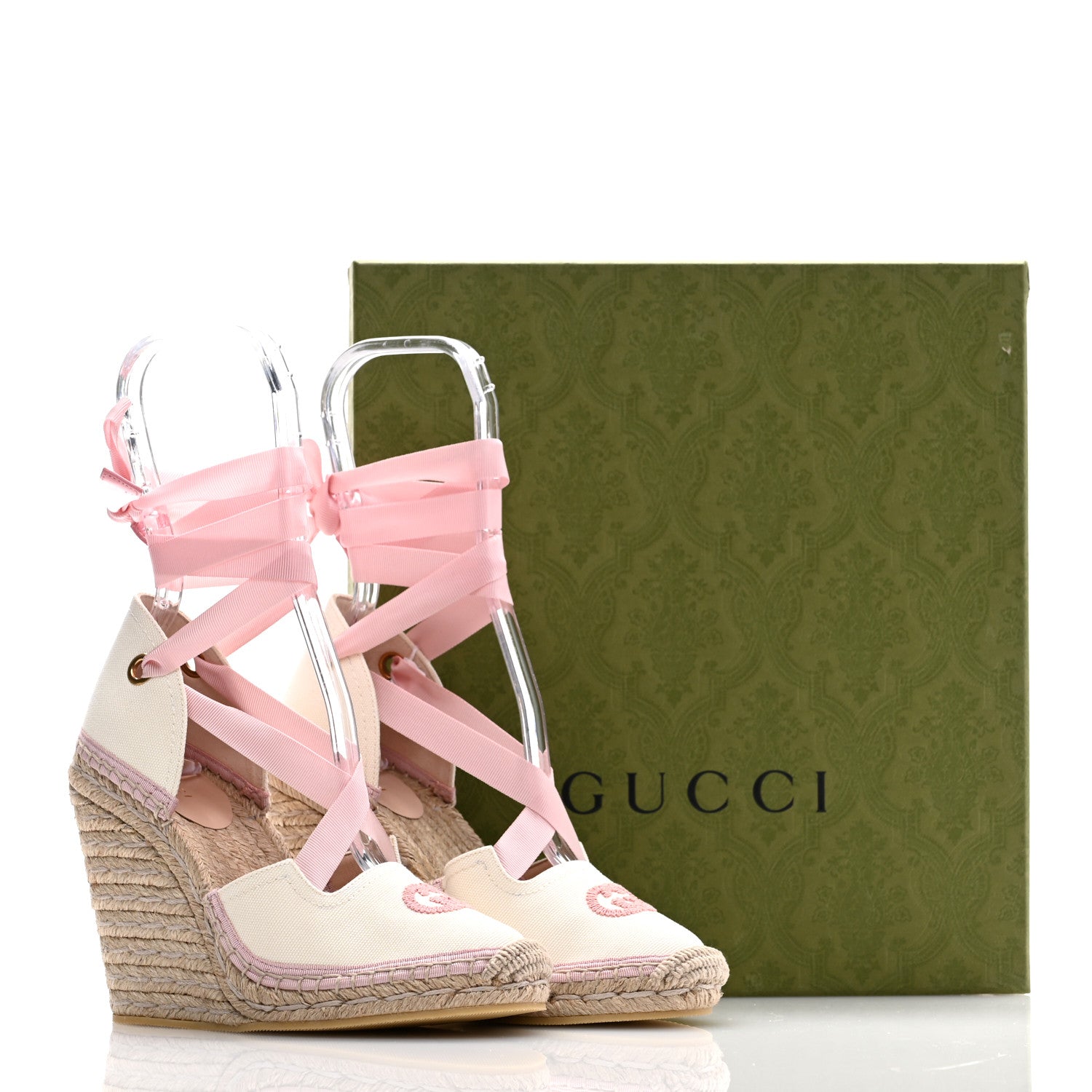 Gucci Canvas Grossgrain Embroidered Judit Ankle Wrap Platform 35/120mm Espadrille Wedges 36.5 White Shell 9 of 9