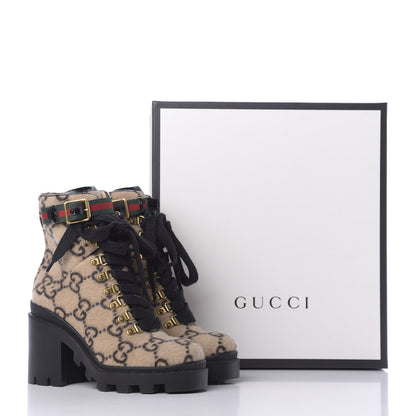 Gucci Covered Wool GG Monogram Womens Lace Up Combat Ankle Boots 36 Beige Ebony Black 10 of 10