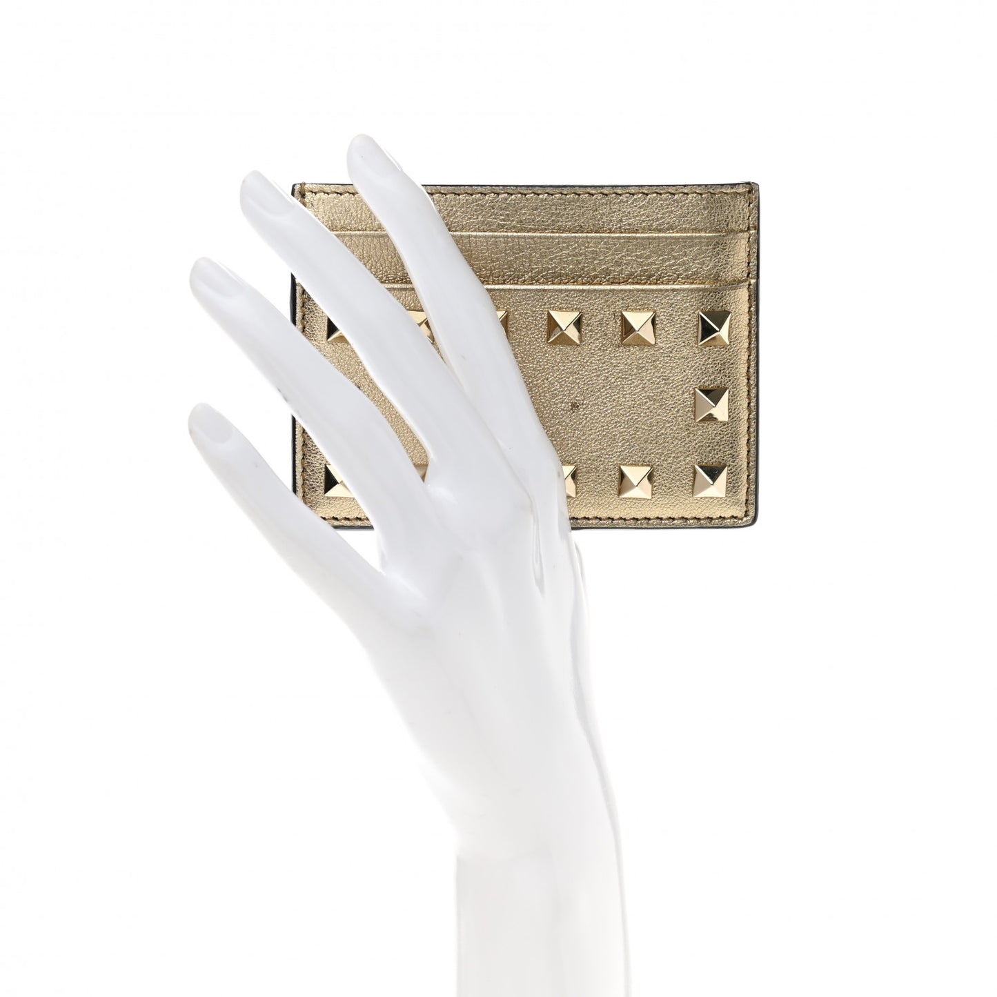 Metallic Pebbled Calfskin Rockstud Card Holder Gold