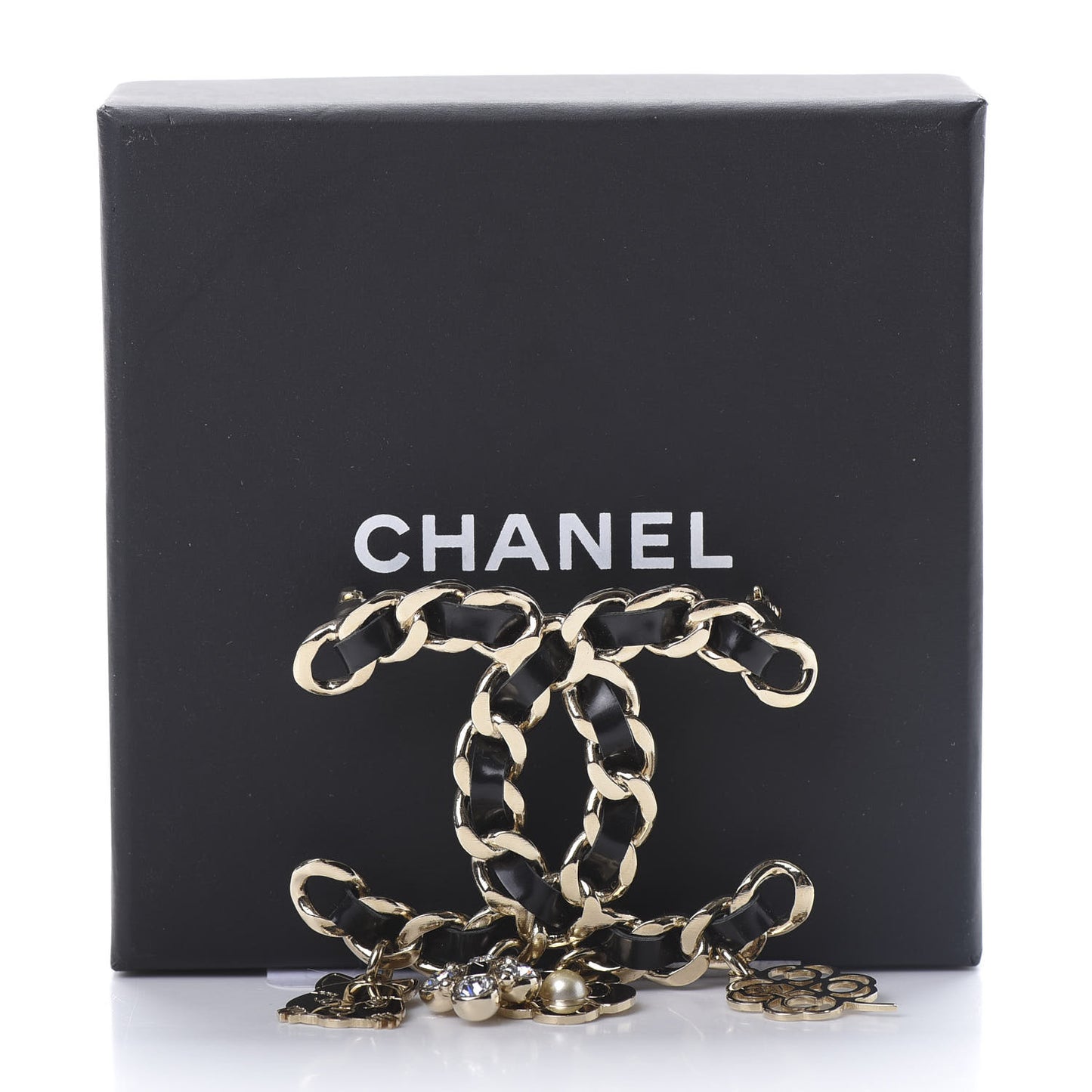 Lambskin Crystal Chain CC Charms Brooch Black Gold
