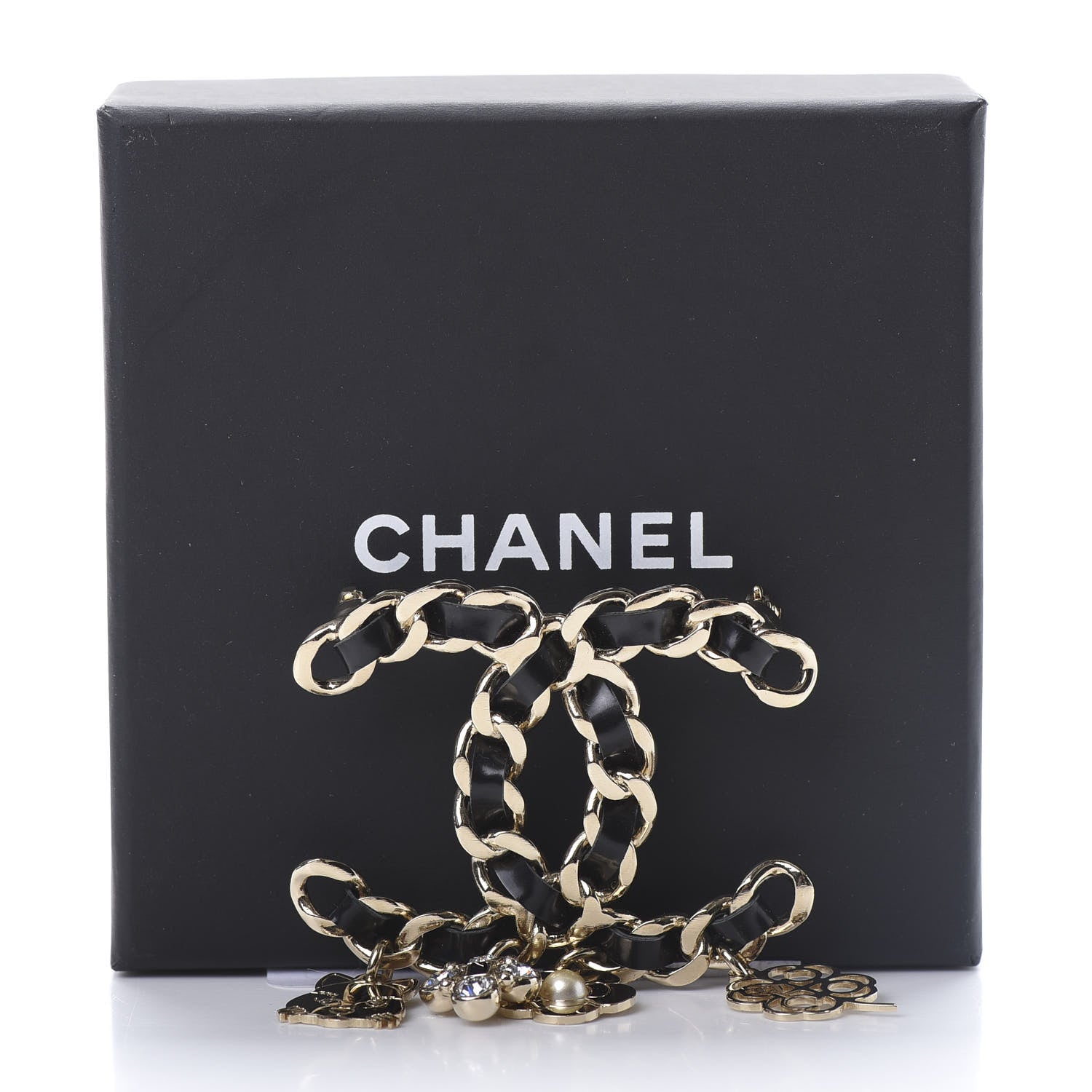 Chanel Lambskin Crystal Chain CC Charms Brooch Black Gold 5 of 5