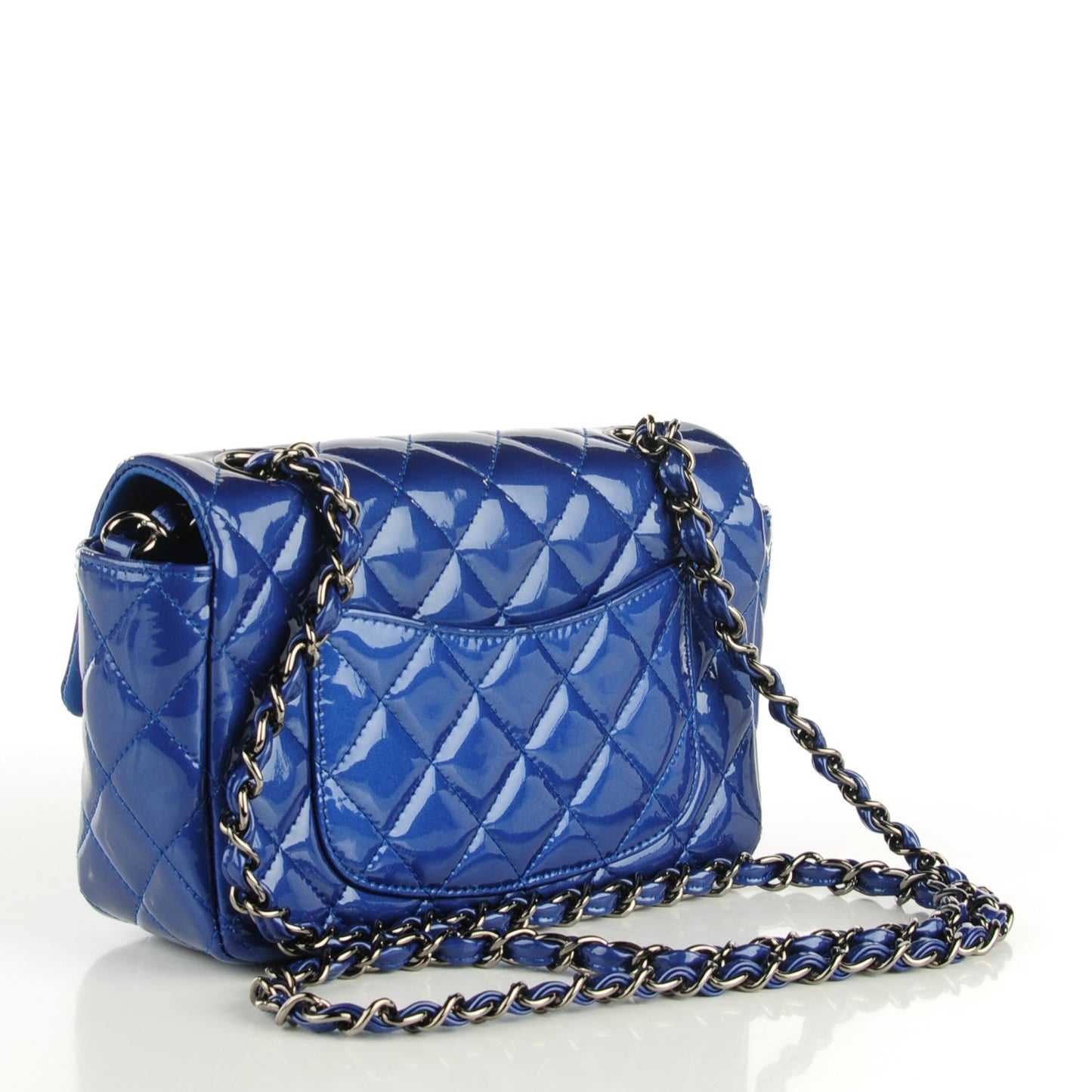 Patent Calfskin Quilted Mini Rectangular Flap Dark Blue