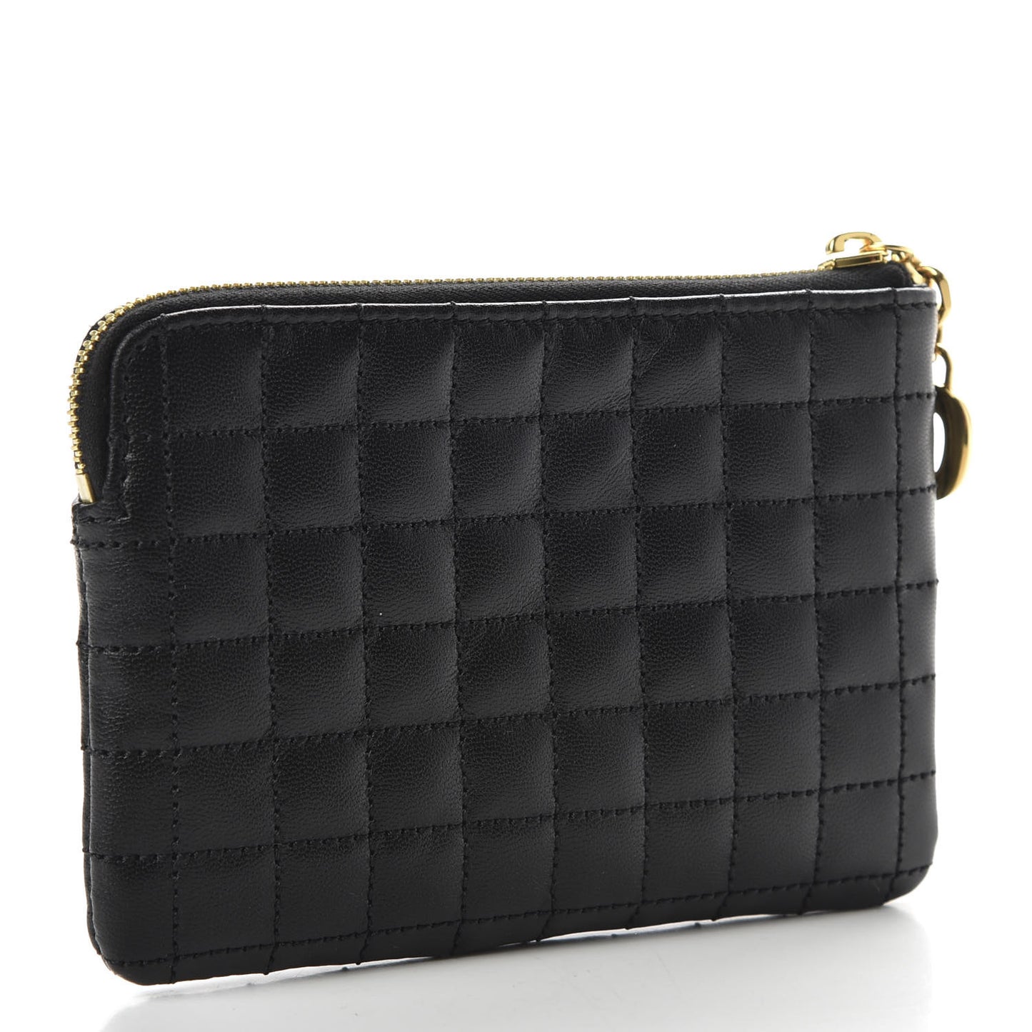 Calfskin Quilted C Charm Coin Card Pouch Black